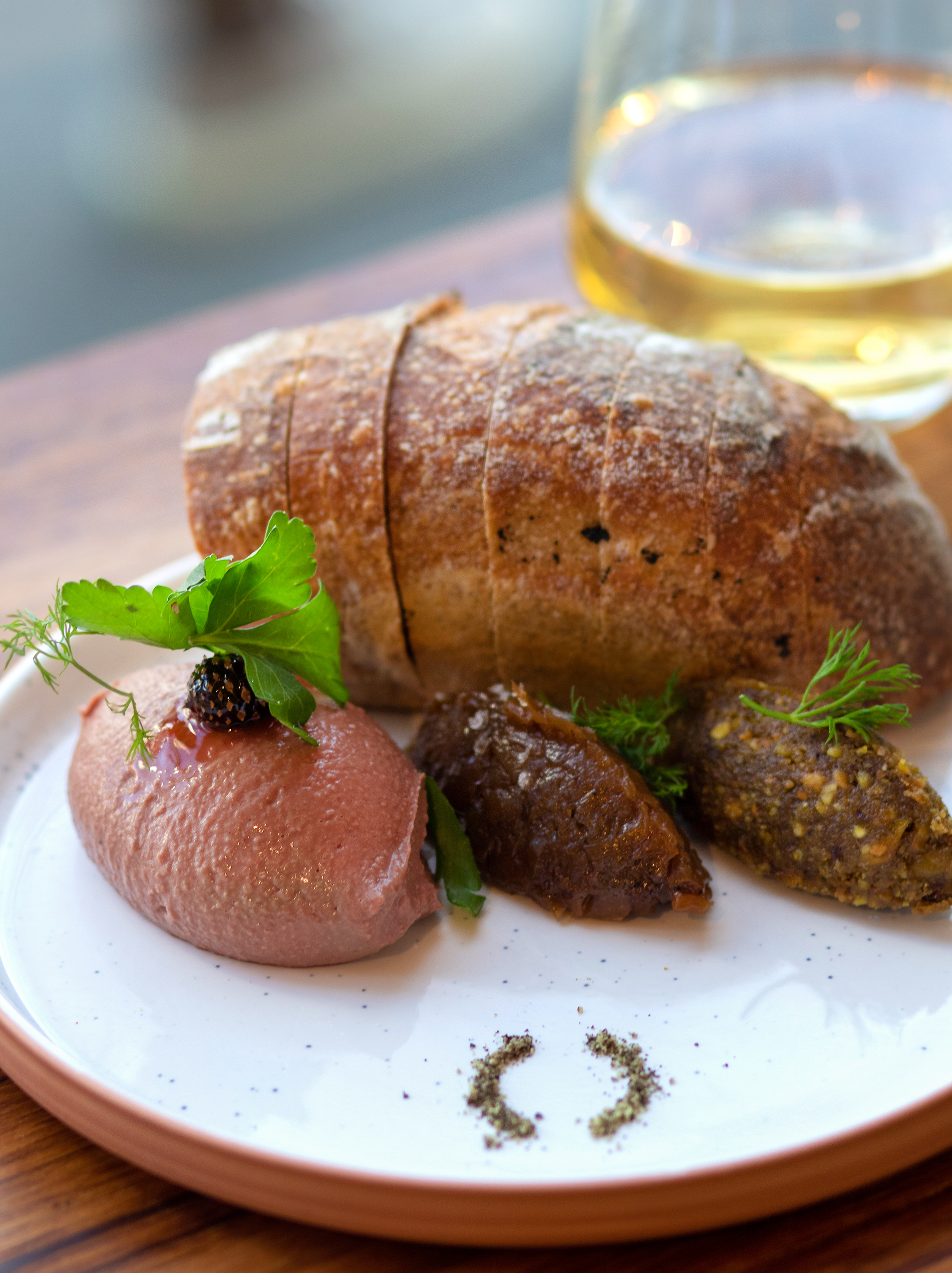Chicken liver mousse with onion jam on toasted sourdough at Troubadour in Healdsburg. (Heather Irwin/Sonoma Magazine)
