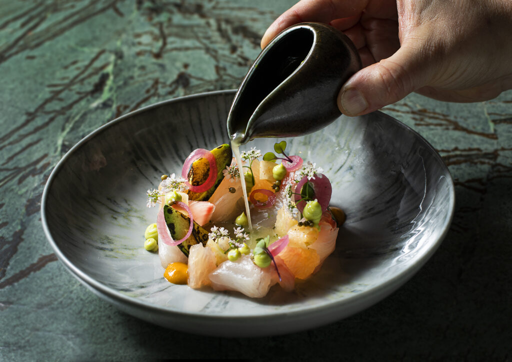 Kona Kampachi Ceviche with avocado, kohlrabi, citrus kosho from The Matheson in Healdsburg. (John Burgess/The Press Democrat)