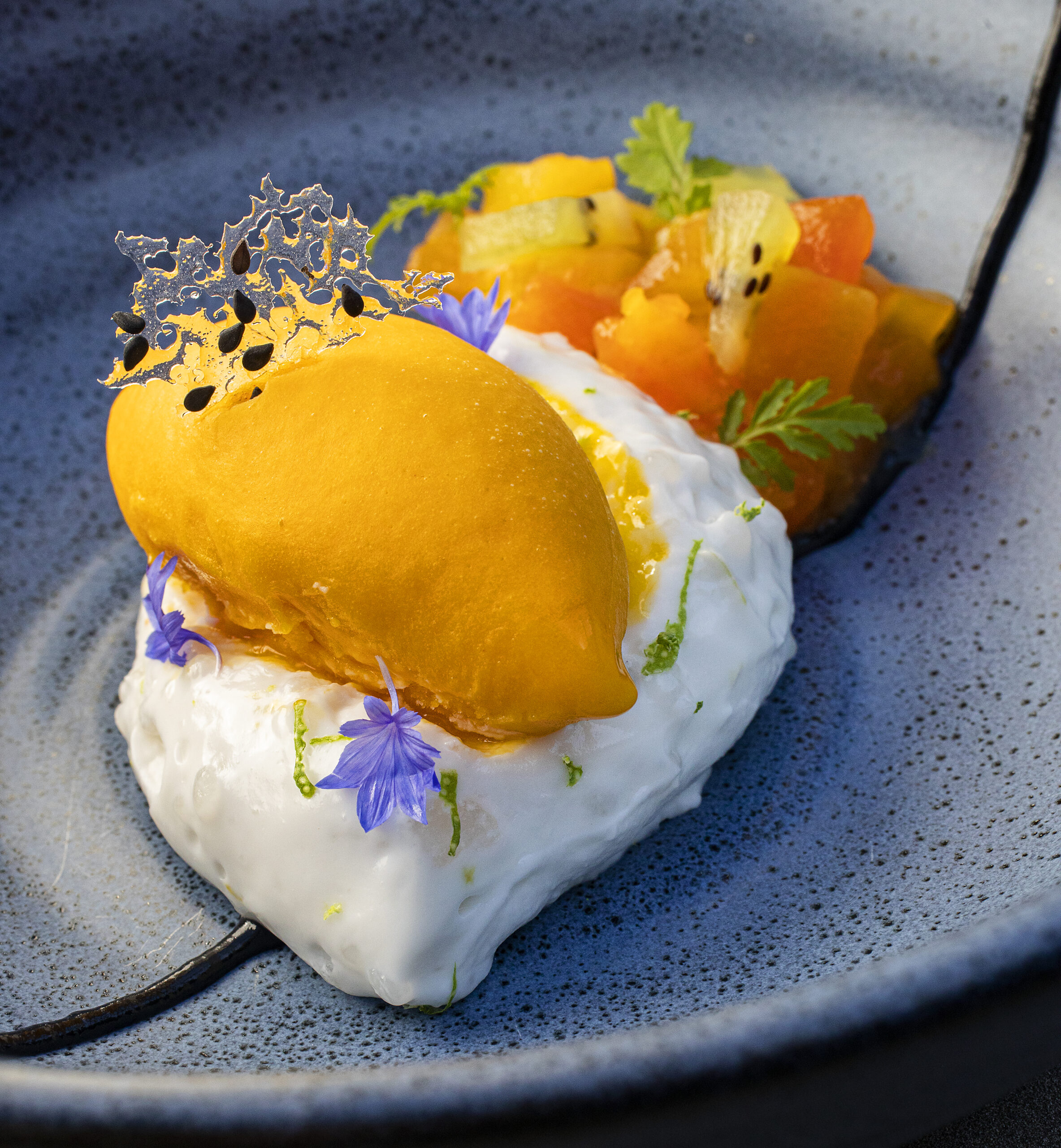 Coconut Tapioca Pearls with tropical fruit salsa, black sesame and mango sorbet from Hazel Hill at Montage Healdsburg. (John Burgess/The Press Democrat)