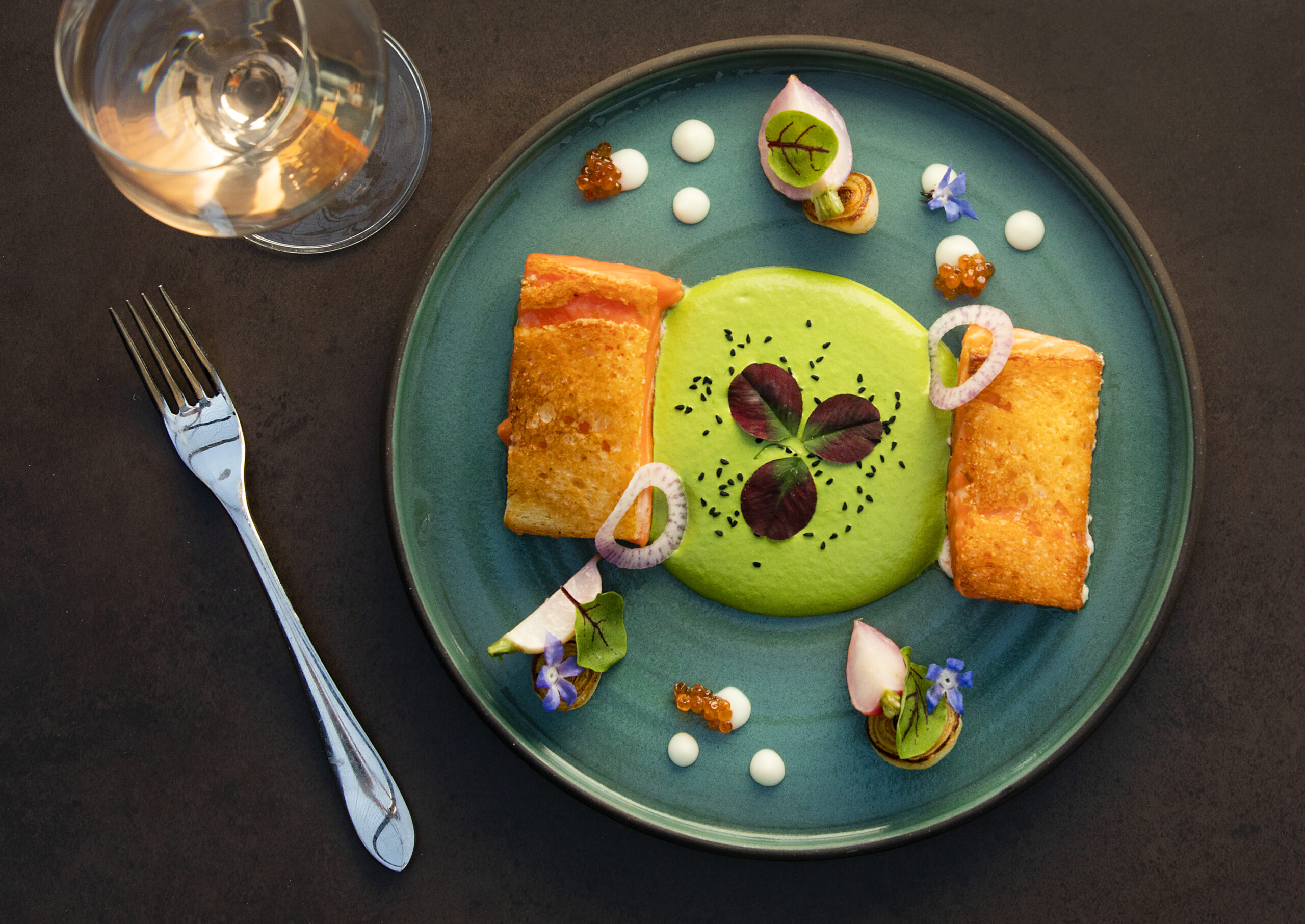 Wild King Salmon crusted in brioche with sorrel and vidalia onion from Hazel Hill at Montage Healdsburg. (John Burgess/The Press Democrat)