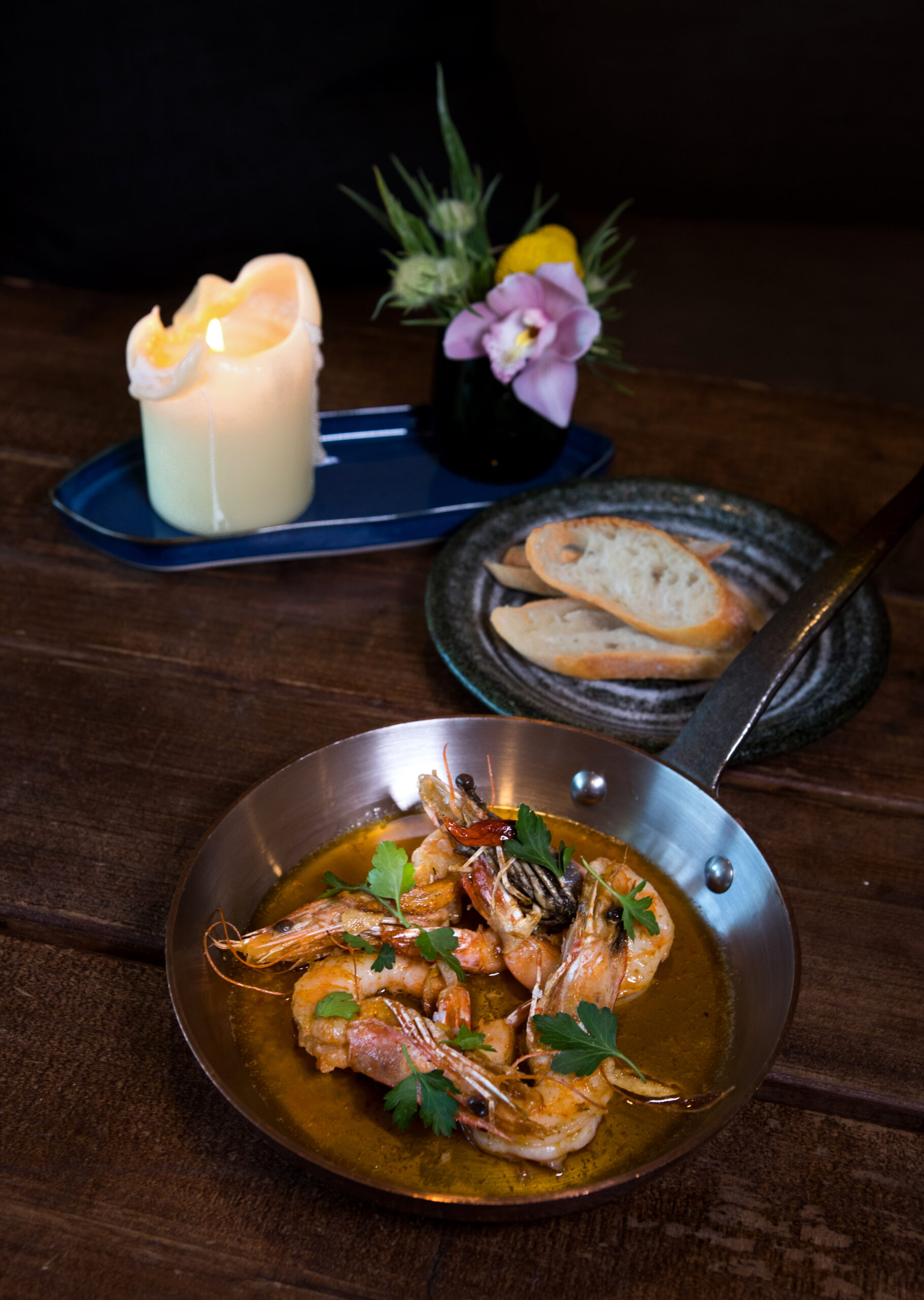Gambas al ajillo, includes prawns, roasted garlic and olive oil, at Animo, a restaurant in Sonoma, Calif., on Wednesday, March 30, 2022. (Photo by Darryl Bush / For The Press Democrat)