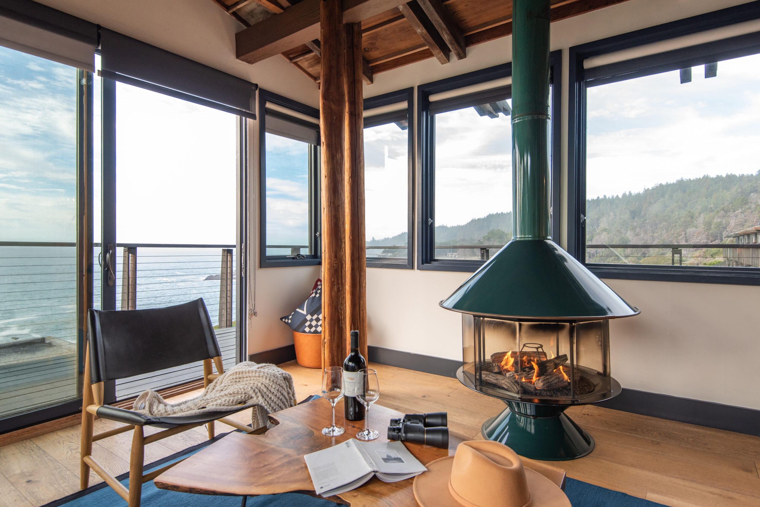 A vintage fireplace with a view at Jenner's Timber Cove Resort. (Timber Cove Resort)