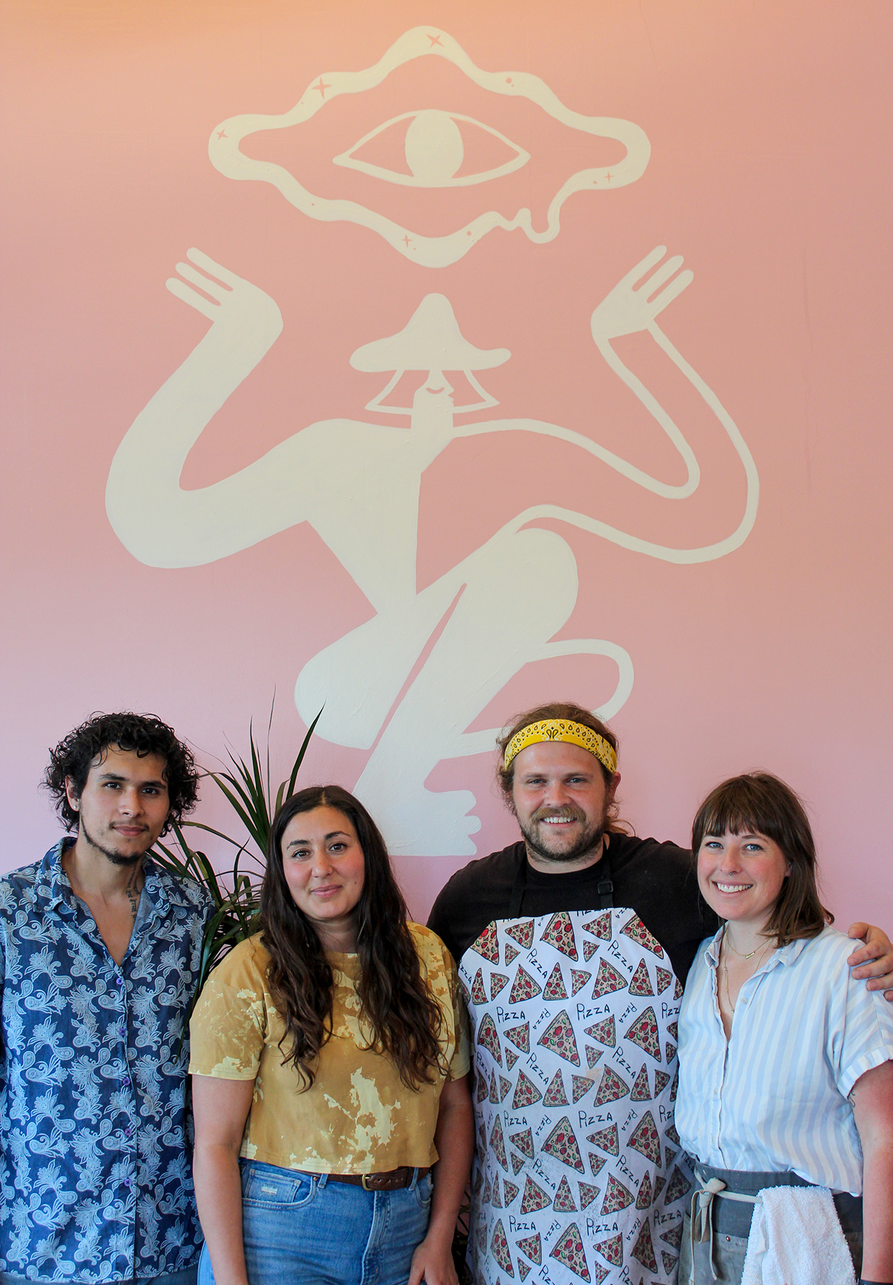 Right to left, Psychic Pie owners Leith Leiser-Miller and Nicholi Ludlow, with staff members Analise Lofaro and Angel Vasquez Perea at Psychic Pie in Sebastopol. (Nancy Peach)