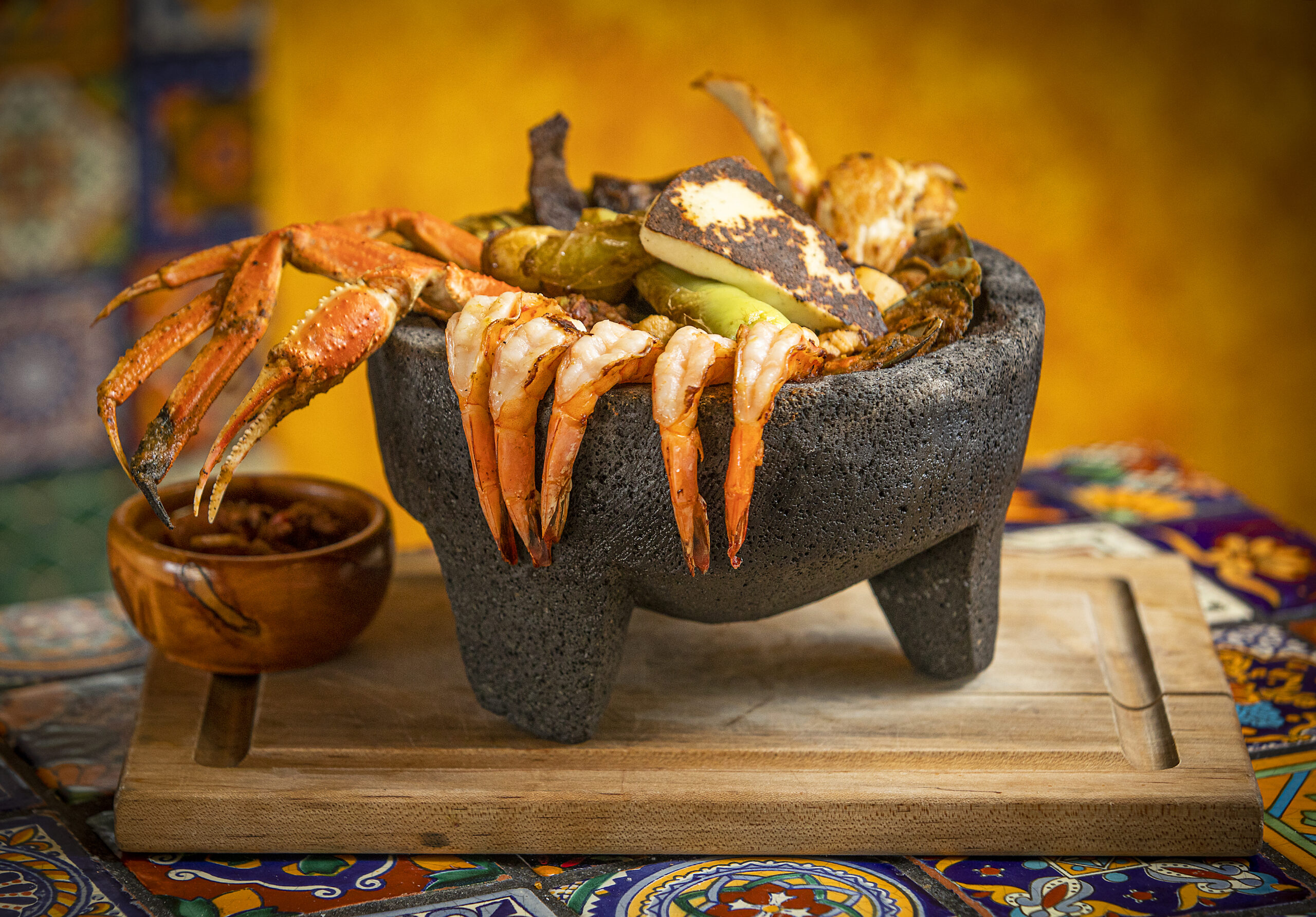 Molcajete Mar y Terra with seafood and beef from Pezcow in Windsor on Friday, April 1, 2022. (John Burgess/The Press Democrat)