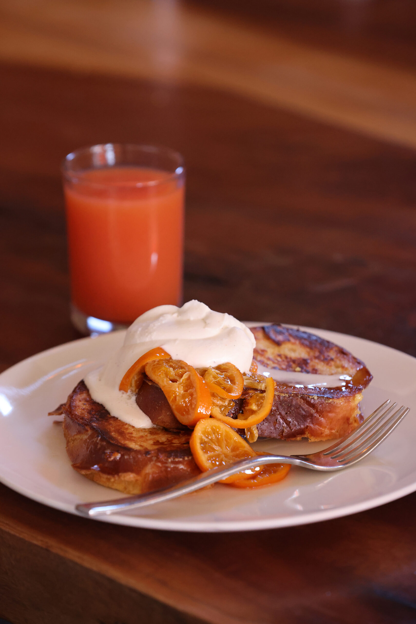 Challah French toast topped with clementine marmalade and sweeter creme fraiche at Marla Bakery, a pop-up weekend brunch spot, at the Spinster Sisters restaurant in Santa Rosa, Calif., on Sunday, March 20, 2022. (Beth Schlanker/The Press Democrat)