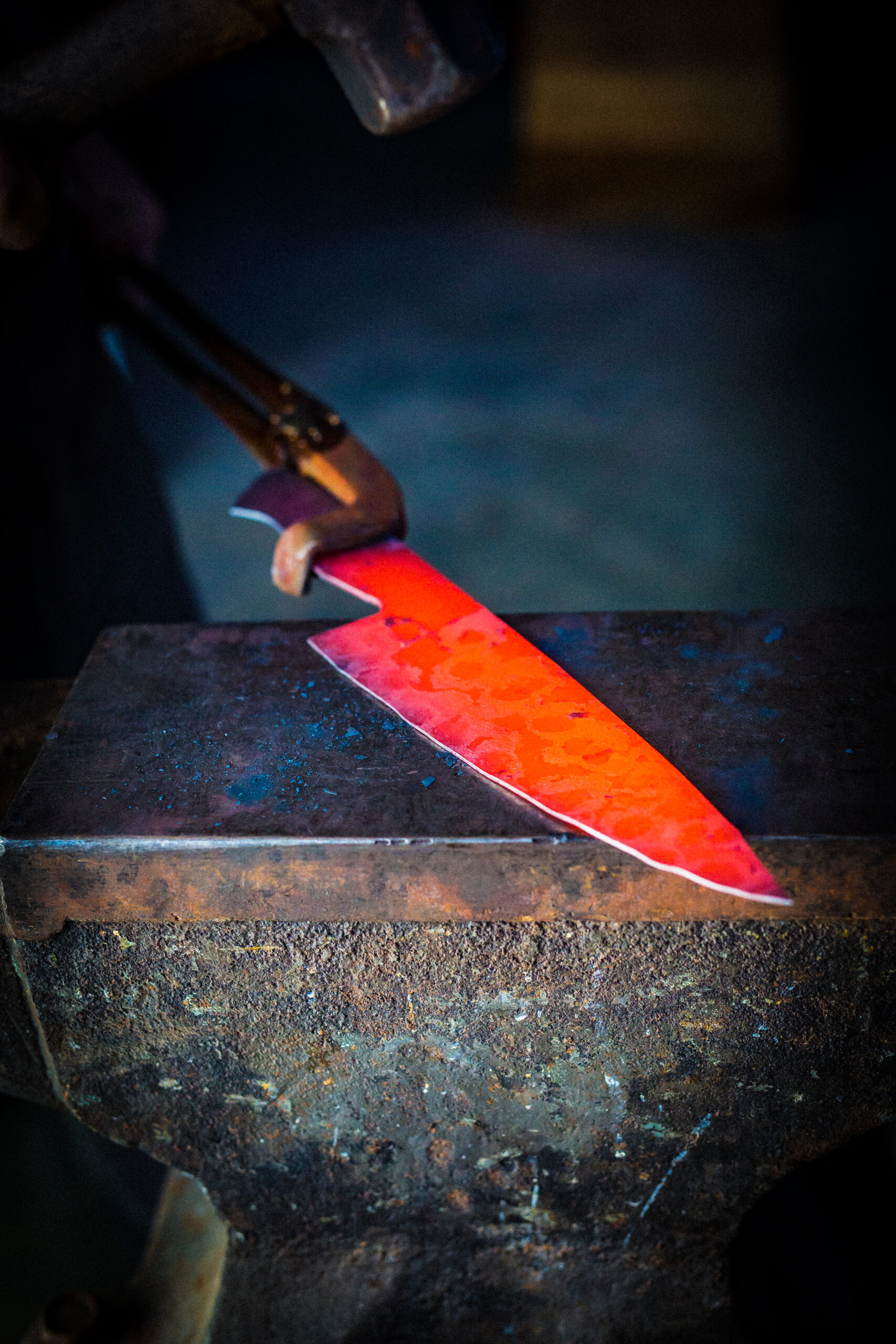 During forging, Seral's knives are heated to 2000 degrees, then pounded with an antique power hammer and shaped by hand. (John Troxell)