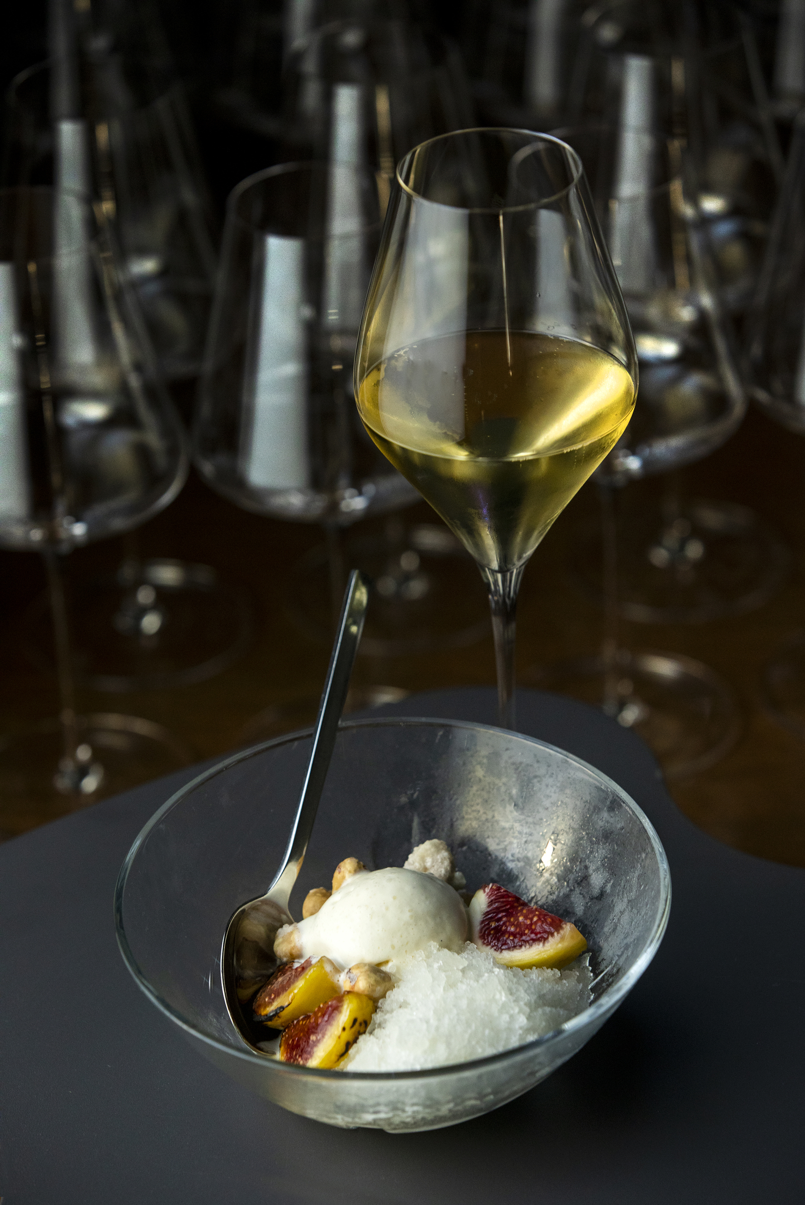 Buttermilk ice cream with plums, candied hazelnuts served with champagne, the fourth course of the ever changing Prix-fixe menu from EDGE restaurant in Sonoma. (Photo by John Burgess/The Press Democrat)
