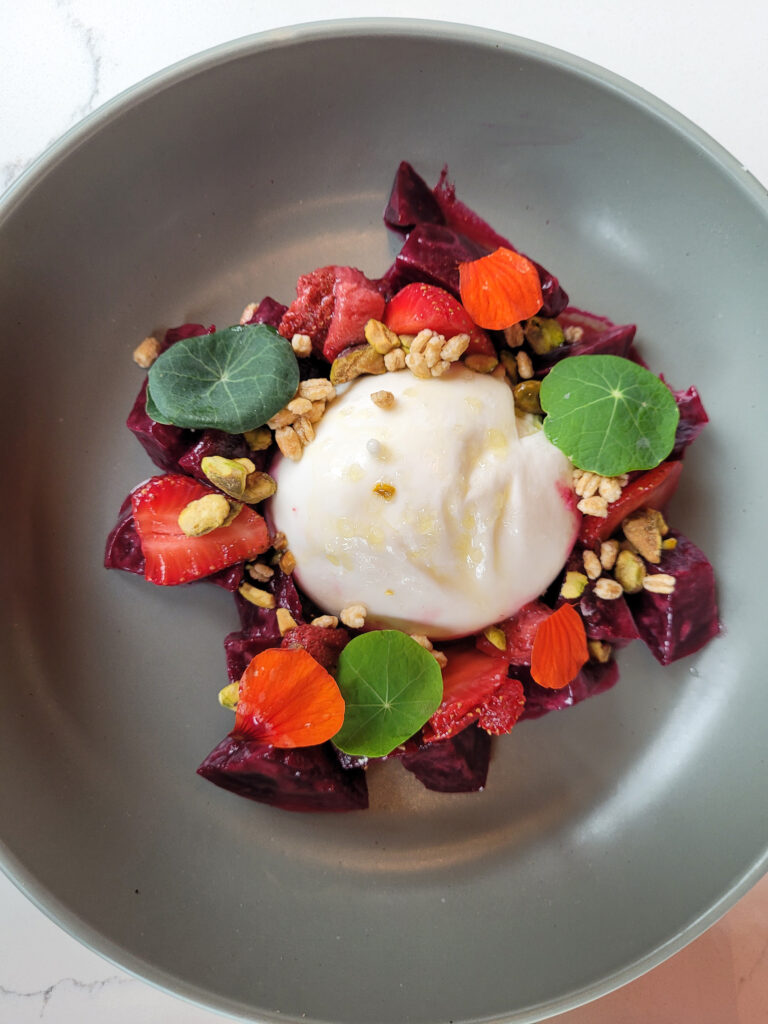 Mozzarella with beets and strawberries at Sonoma Pizza Co. in Forestville. (Heather Irwin, Press Democrat)