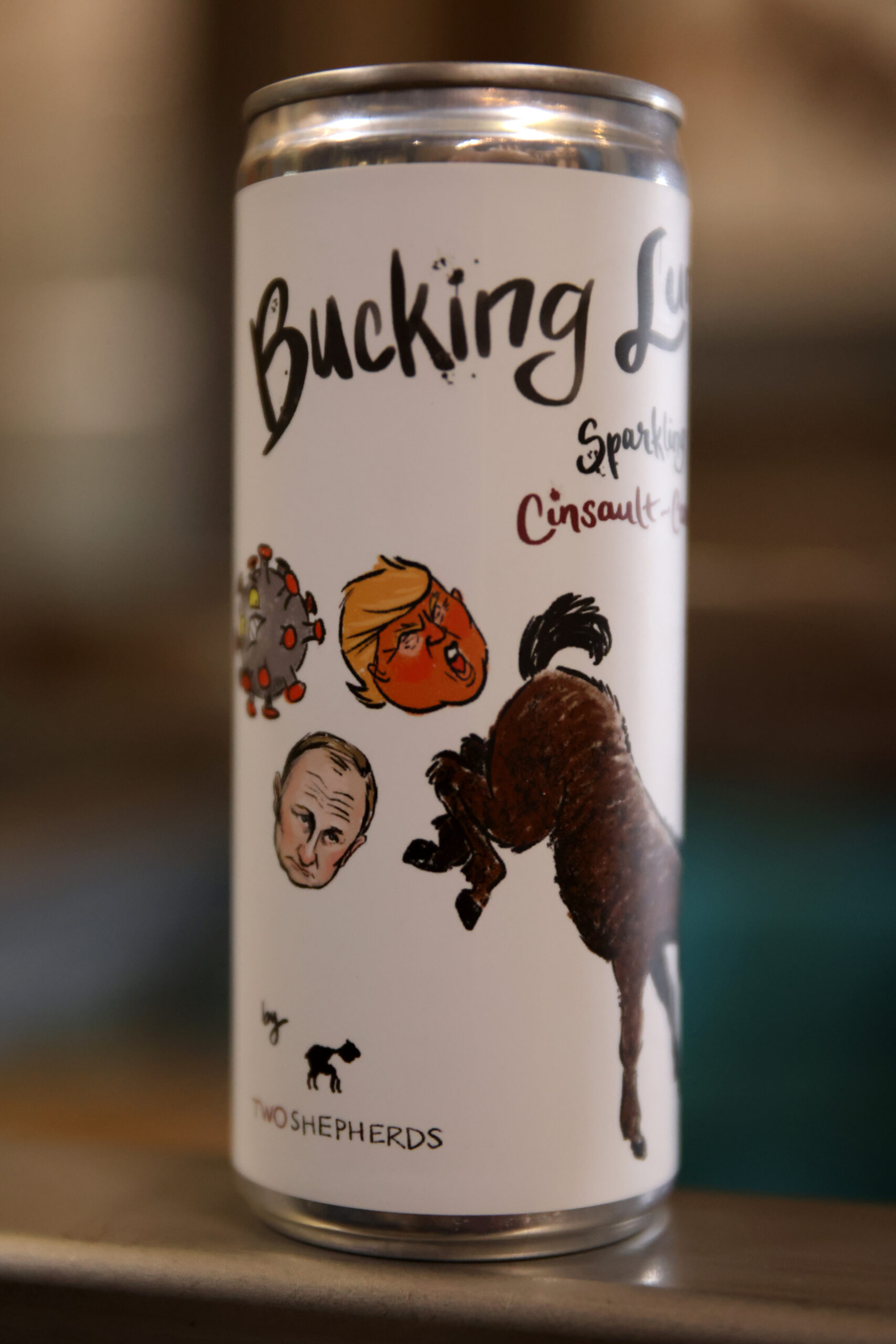 A can of "Bucking Luna" sparkling Cinsault-Carignan at Two Shepherds in Windsor, Calif. on Tuesday, May 31, 2022. (Beth Schlanker/The Press Democrat)