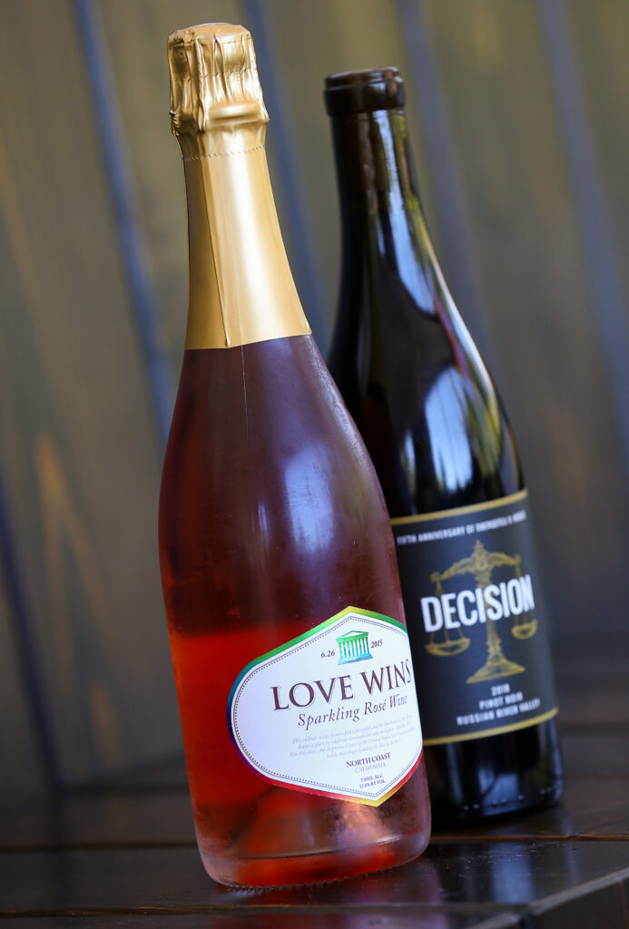 Love Wins sparkling Rose Wine, left, and Decision pinot noir released by Equality Vines. (Christopher Chung/ The Press Democrat)