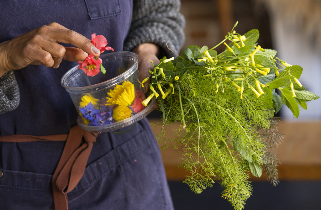 Dalia Martinez, owner of the Naked Pig in Santa Rosa, brings in her own edible flowers and table arrangements from her home garden. (John Burgess/Sonoma Magazine)