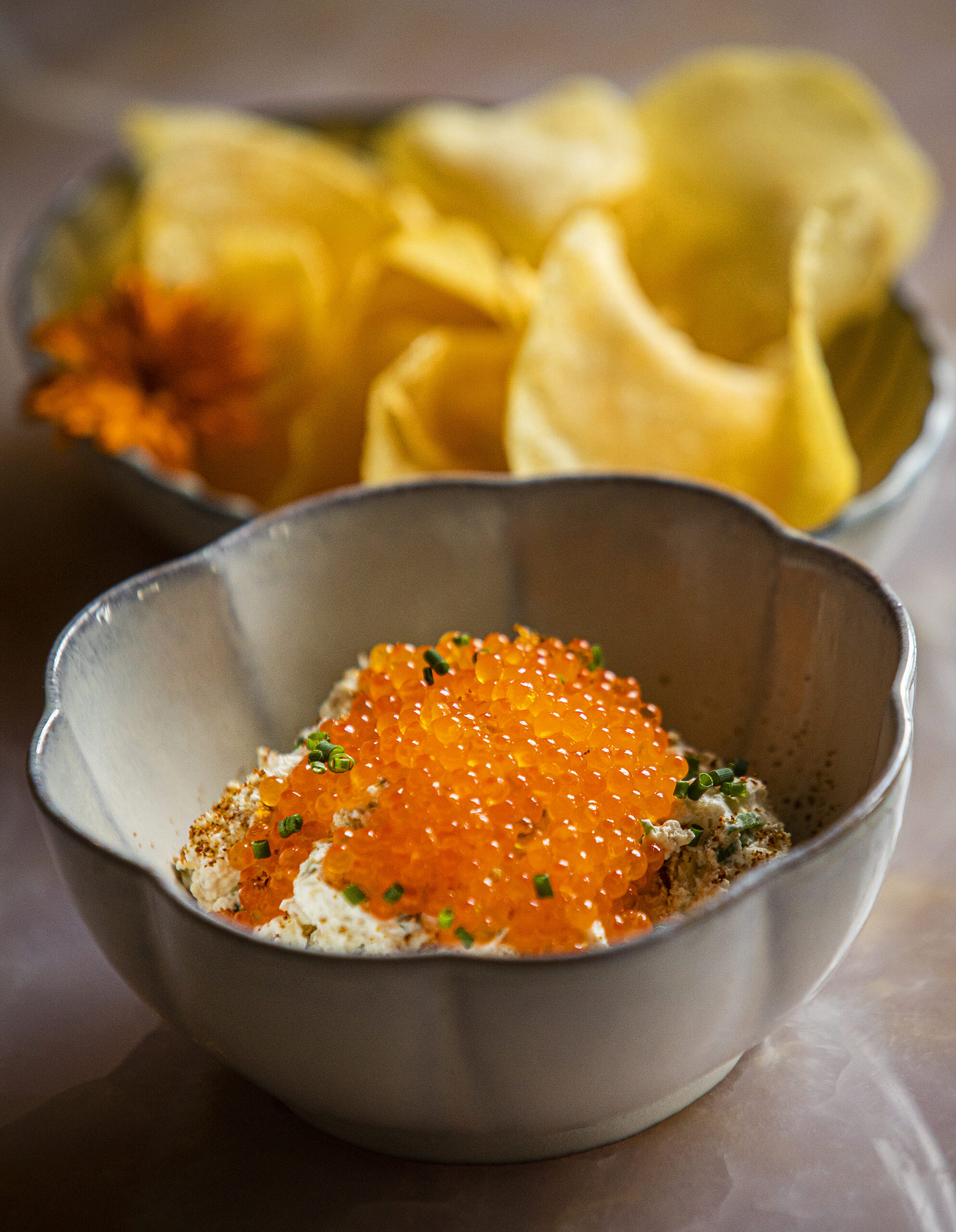 Caviar And Onion Dip with trout roe, warm potato Chips from The Madrona in Healdsurg Friday, June 3, 2022. (John Burgess / The Press Democrat)