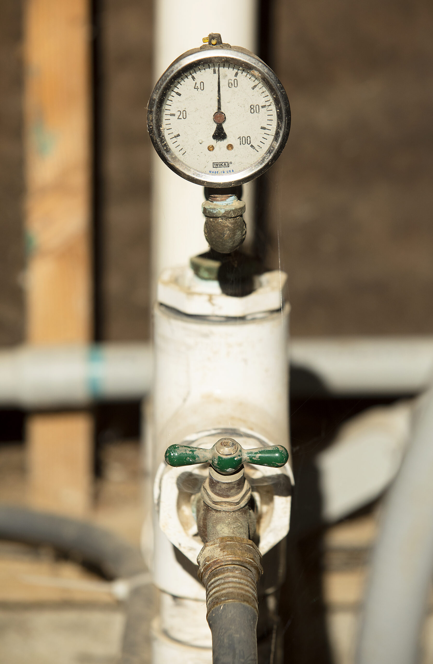 A pressure gauge in the pump house on the rural property of homeowner Kelly Stober. (John Burgess/Sonoma Magazine)