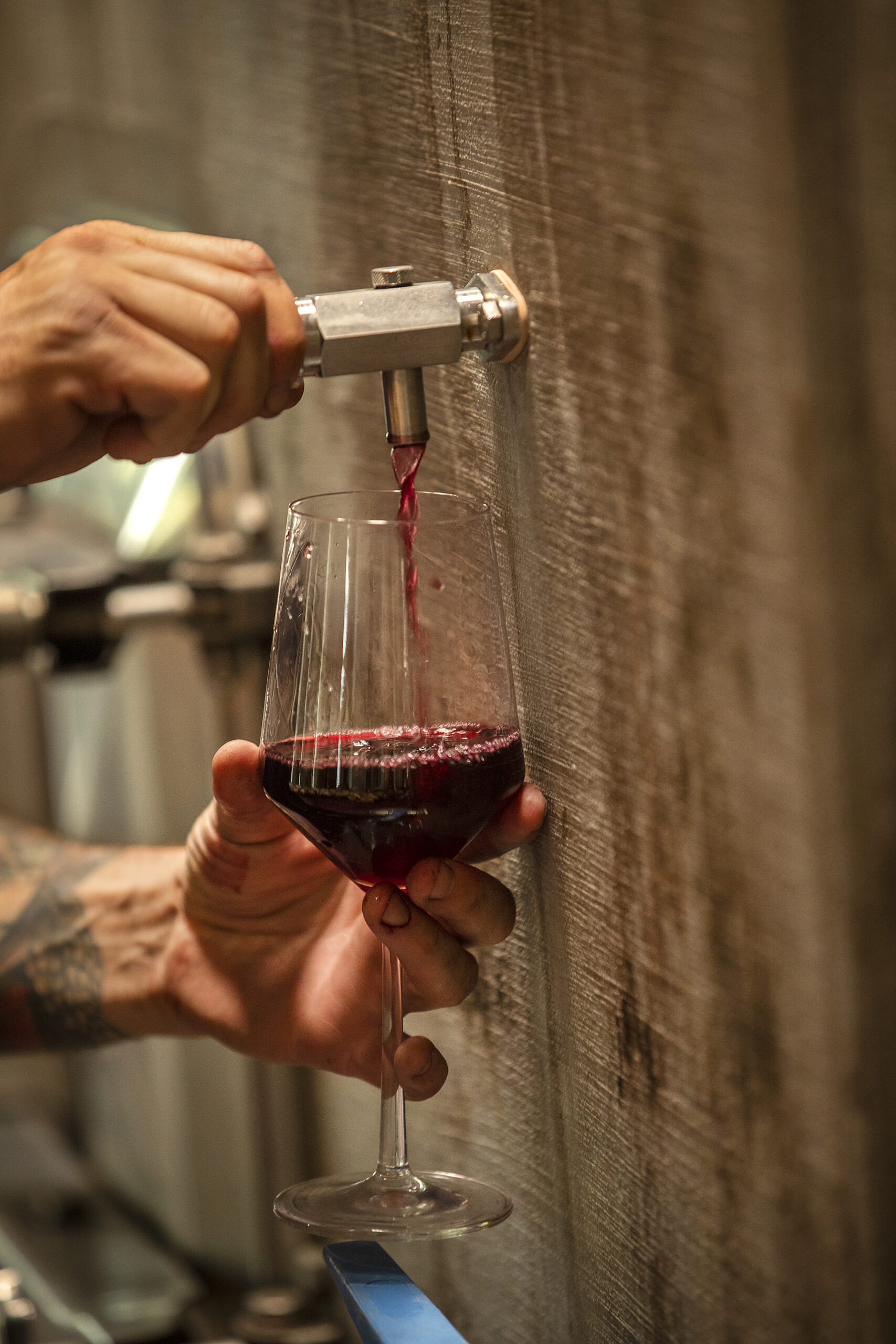 Drawing Monte Rio Cellars wine from tanks for tasting after blending in the Pax Wines' winemaking facility at The Barlow in Sebastopol. (John Burgess/Sonoma Magazine)