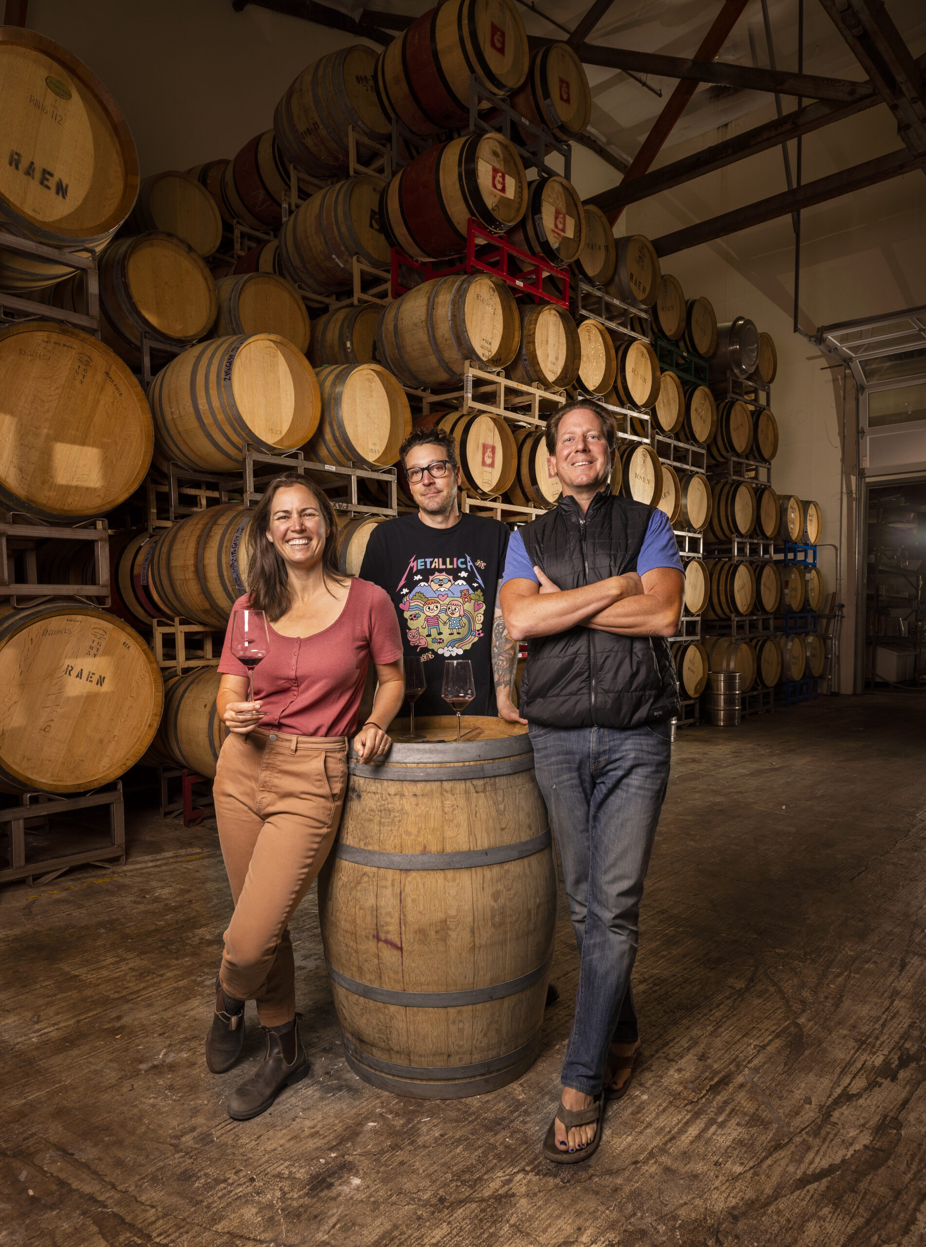 From left, Martha Stoume, owner Martha Stoumen Wines, Patrick Cappiello, owner Monte Rio Cellarsa and Pax Mahle share their knowledge and the Pax winemaking facility at The Barlow in Sebastopol. (John Burgess/Sonoma Magazine)
