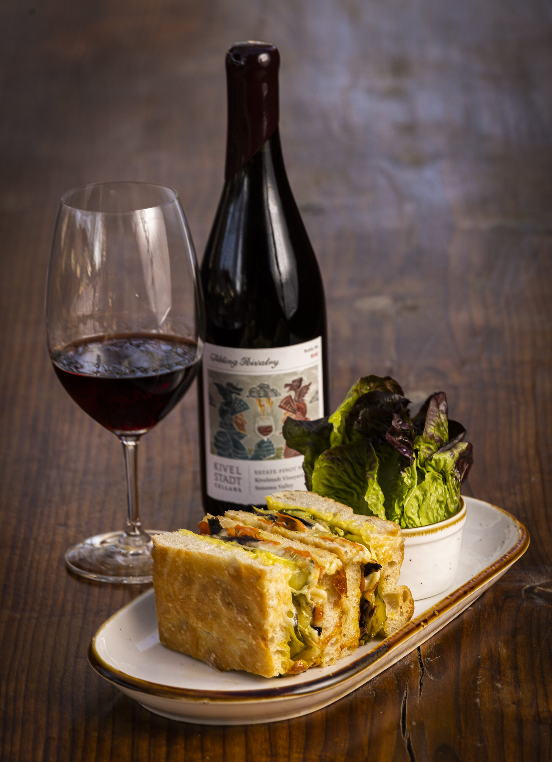 Mushroom Cubano with a pinot noir from Kivelstadt Cellars and WineGarten at the corner of Hwy 12 and Hwy 121 in Sonoma Thursday, October 20, 2022. (John Burgess/The Press Democrat)