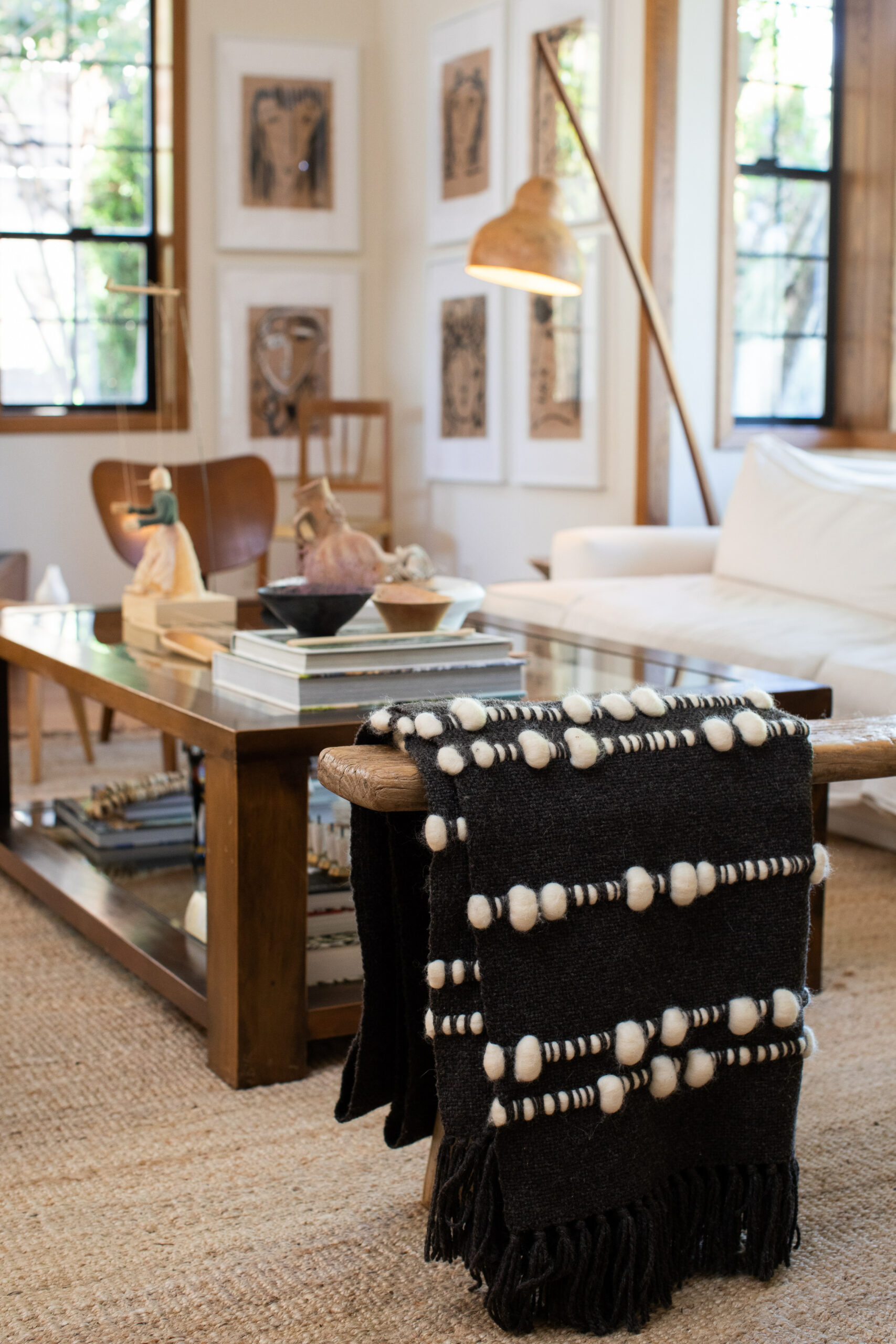 A black-and-white wool throw from TREKO in the living room. (Eileen Roche)