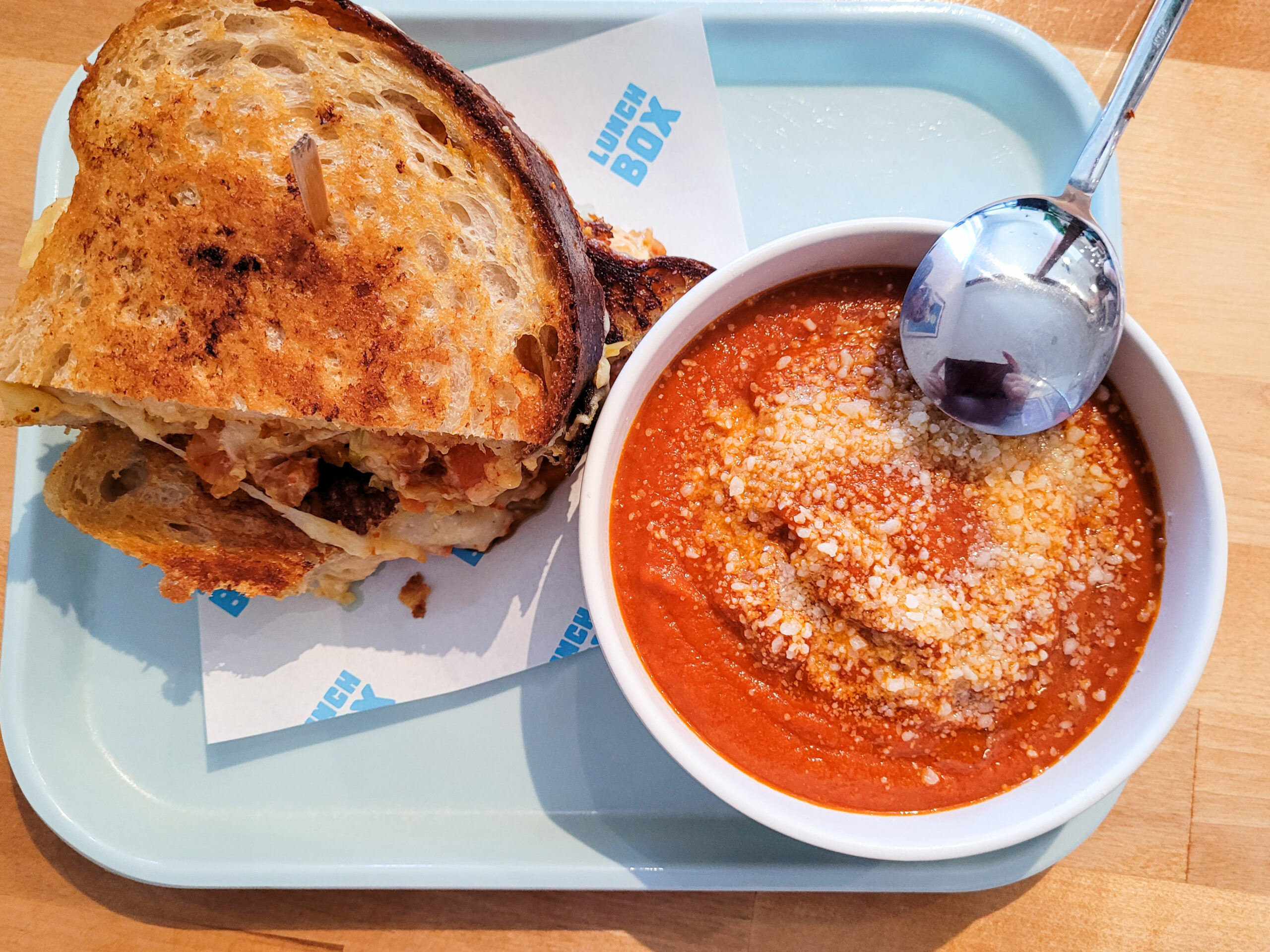 Tomato soup and a grilled kimchi and cheese sandwich from Lunch Box restaurant in Sebastopol. (Heather Irwin / Sonoma Magazine)