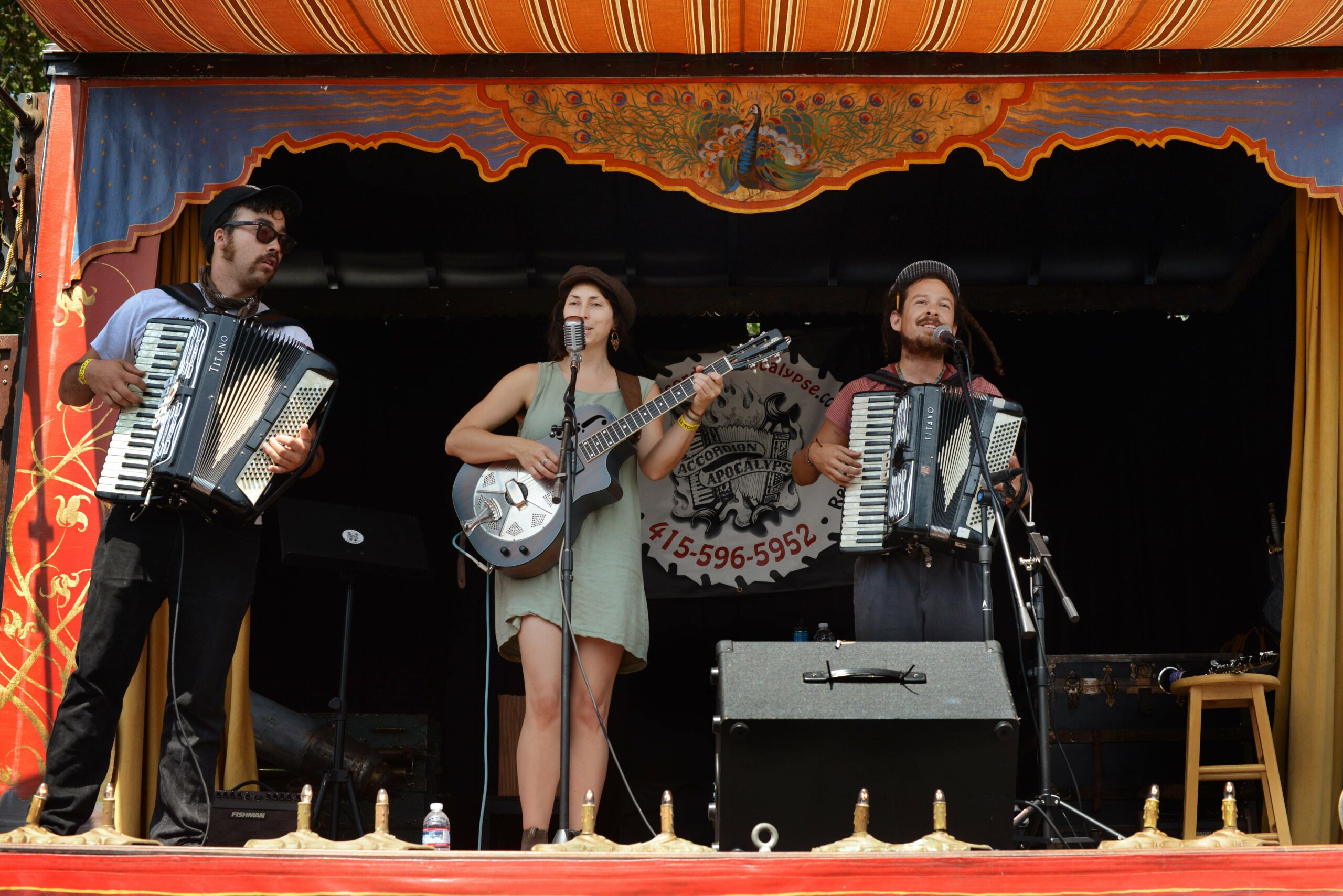 From left, Kalei Yamanoha, Jessie Andra Smith and Nathan Rivera, of the band Nathan & Jessie, perform on Skyler Fell's Accordions Apocalypse Stage during the 28th Annual Cotati Accordion Festival held Sunday at La Plaza Park in downtown Cotati. August 19, 2018(Photo: Erik Castro/for The Press Democrat)