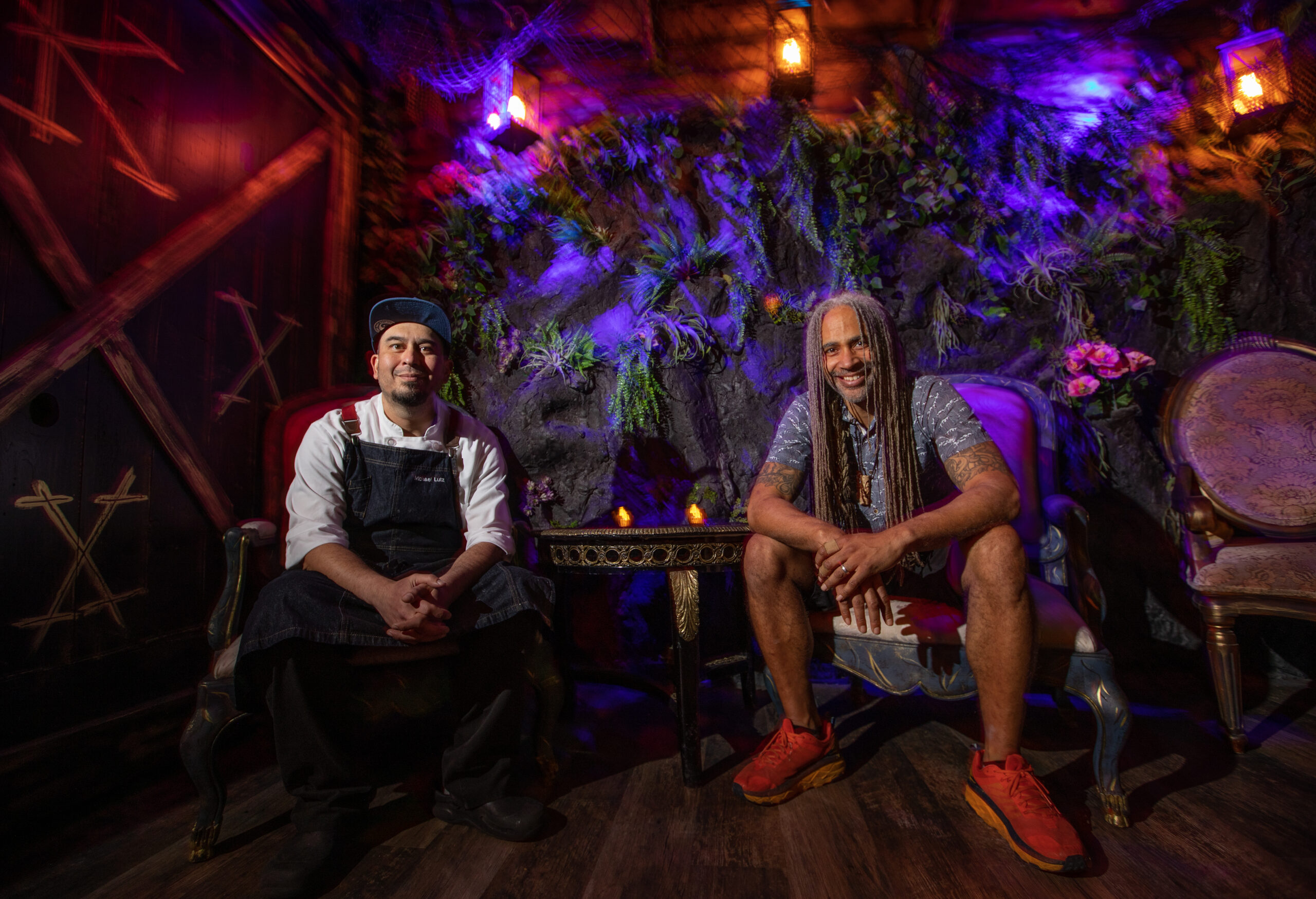 Chef Mike Lutz and owner Michael Richardson of Kapu Bar, in the captains room at the tiki bar and restaurant in the heart of downtown Petaluma on Keller street February 1, 2023 (Chad Surmick / The Press Democrat)
