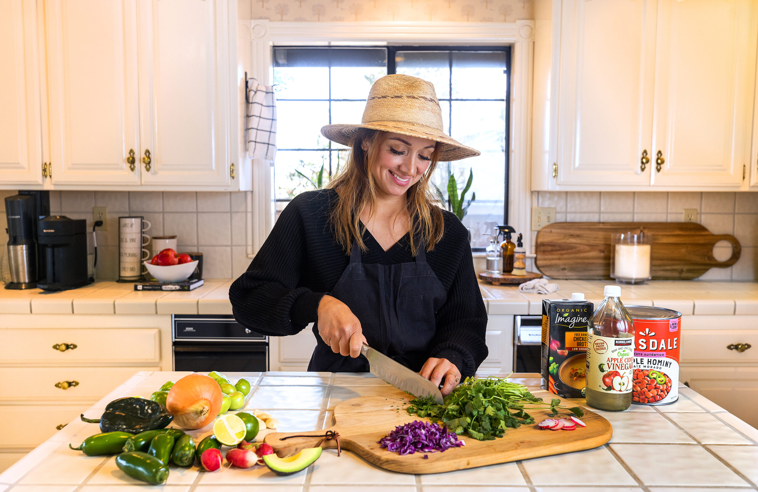 Kina Chavez, owner of Kina’s Kitchen & Bar, makes Posole Verde with Chicken in her Sonoma home Friday, November 11, 2022. (John Burgess/Press Democrat)