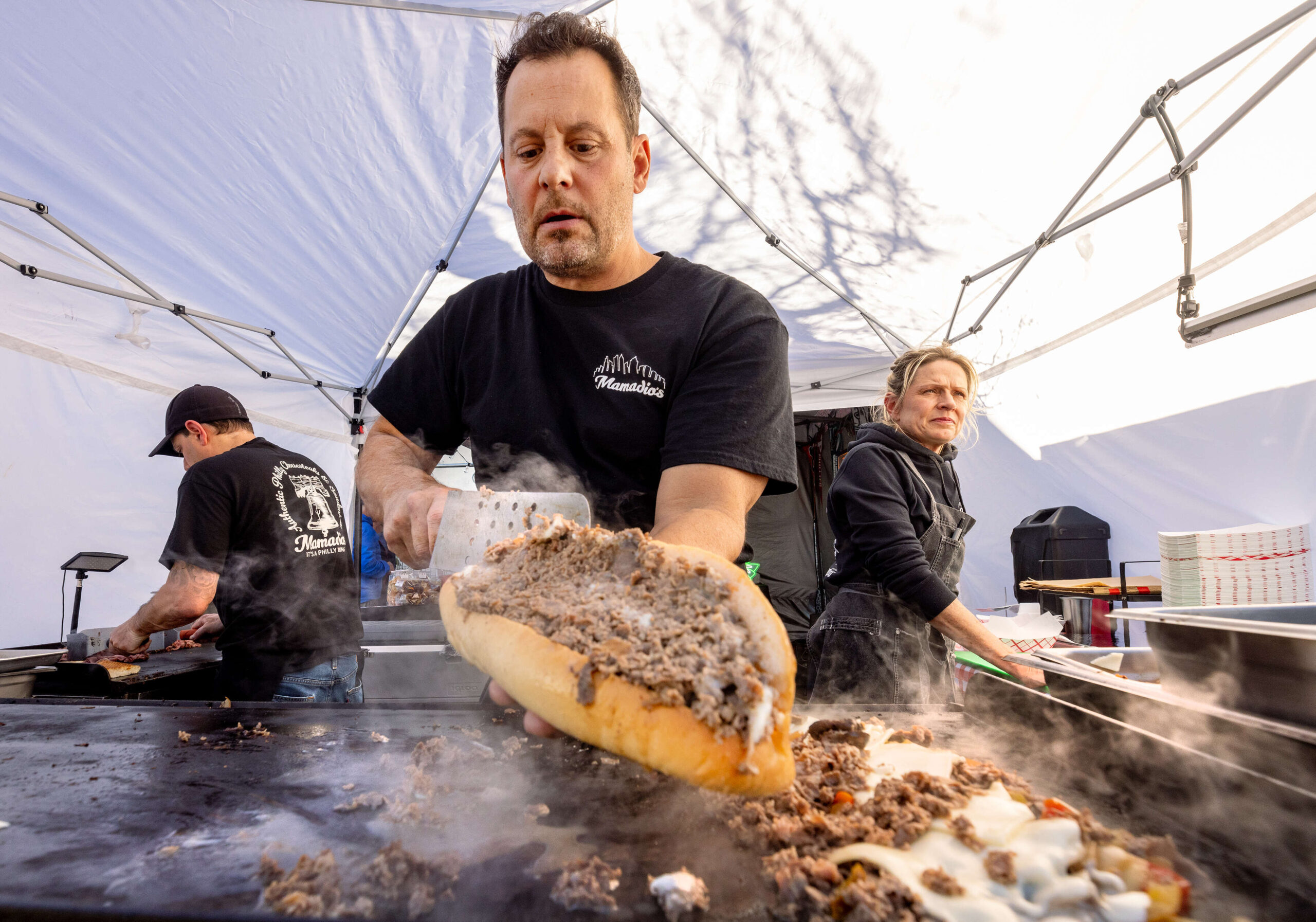 Chris Amadio, owner of Mamadio’s, makes about 200 cheesesteaks on his regular Friday night, March 7, 2025 pop-up at Parliament Brewing Co. in Rohnert Park. (John Burgess / The Press Democrat)