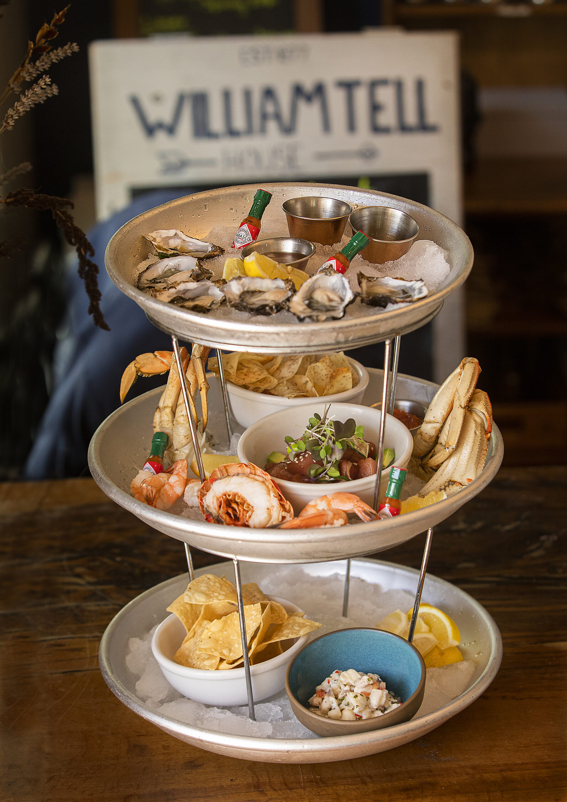 The Tell Seafood Tower with oysters, crab, ceviche and clams from the William Tell House in Tomales on Sunday, May 29, 2021. (Photo by John Burgess/The Press Democrat)