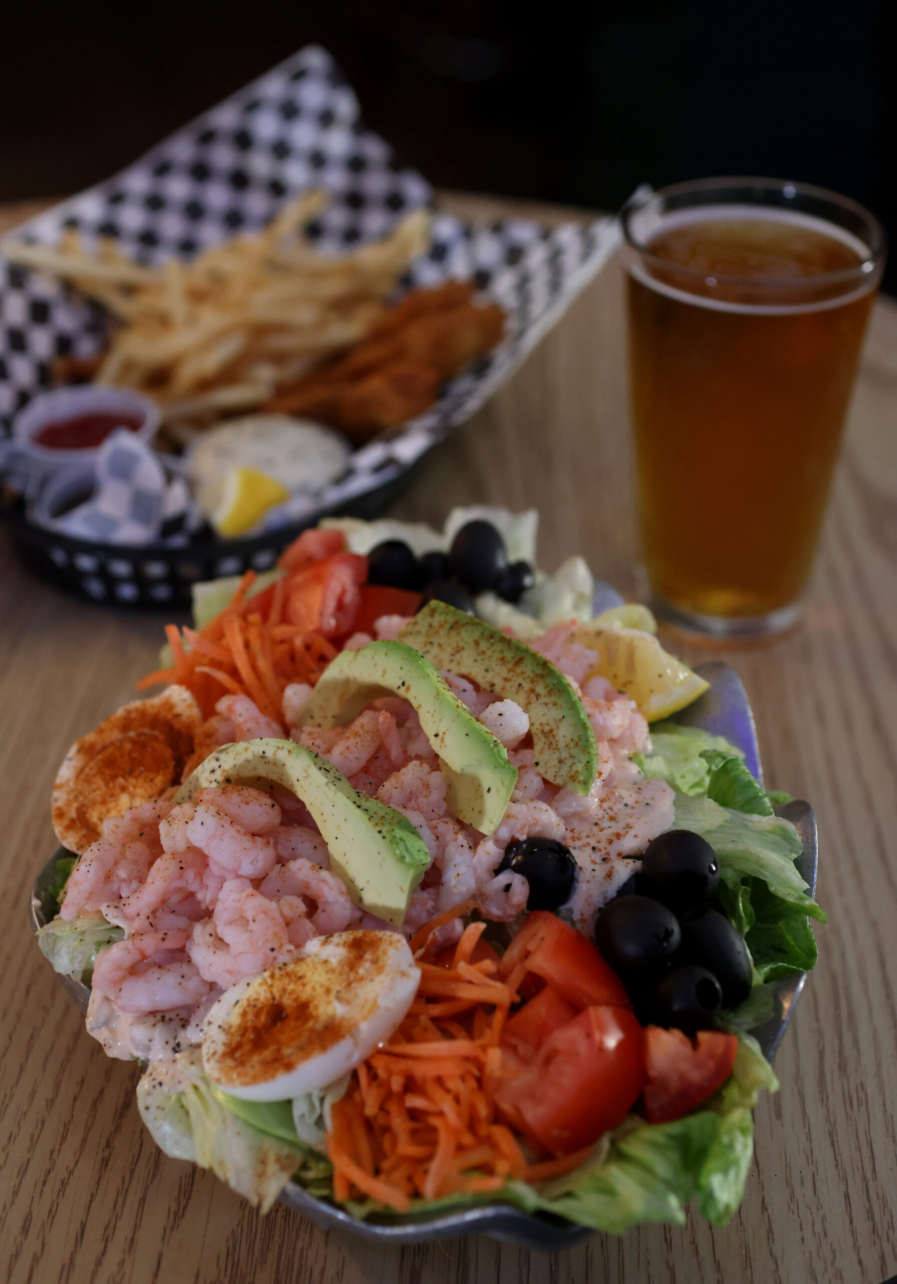 Shrimp Louie Salad and the Fish N' Chips at Steiner's Tavern in Sonoma, Calif., on Tuesday, December 21, 2021.(Beth Schlanker/The Press Democrat)
