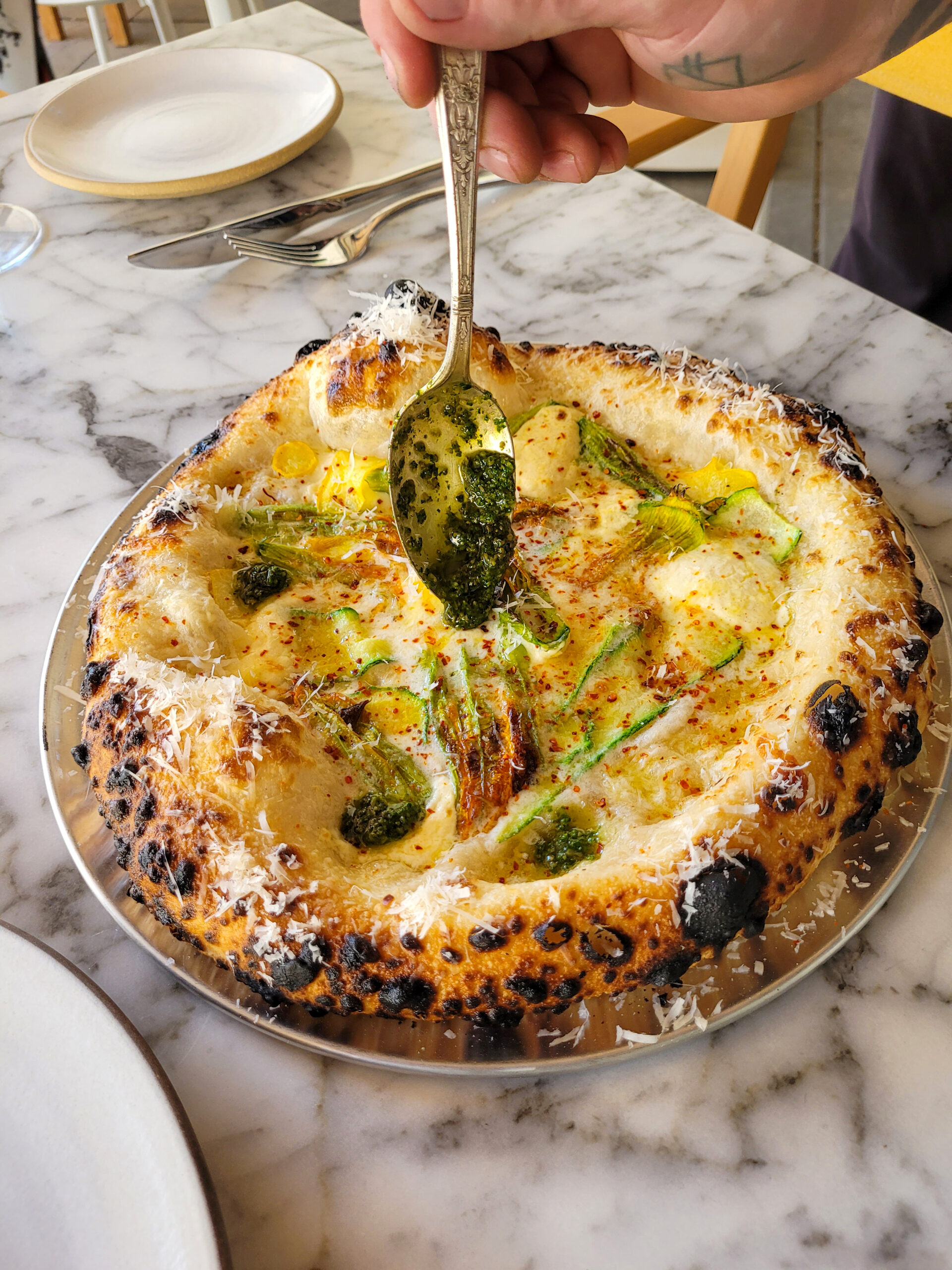 Neapolitan pizza with squash blossom, zucchini and ricotta at Molti Amici in Healdsburg. (Heather Irwin)