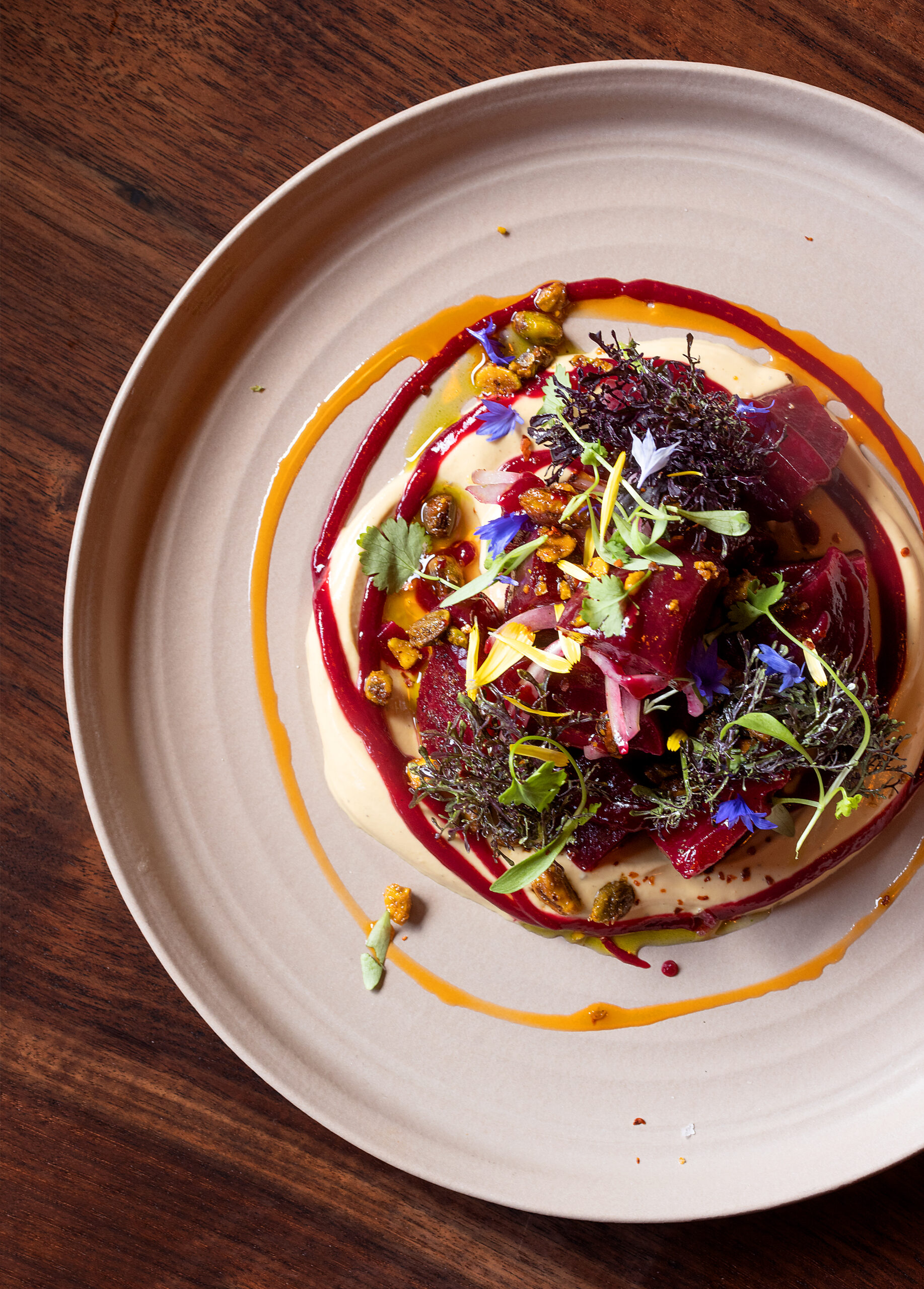 Fire Roasted Beets with caramelized yoghurt, pistachios and quick pickled onion from Goldfinch restaurant Wednesday, May 24, 2023, in Sebastopol. (John Burgess/The Press Democrat)