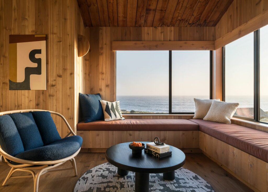 Many of the redesigned guest rooms at The Sea Ranch Lodge offer cozy window seats that encourage guests to linger and take in sweeping coastal views. (Adam Potts) 