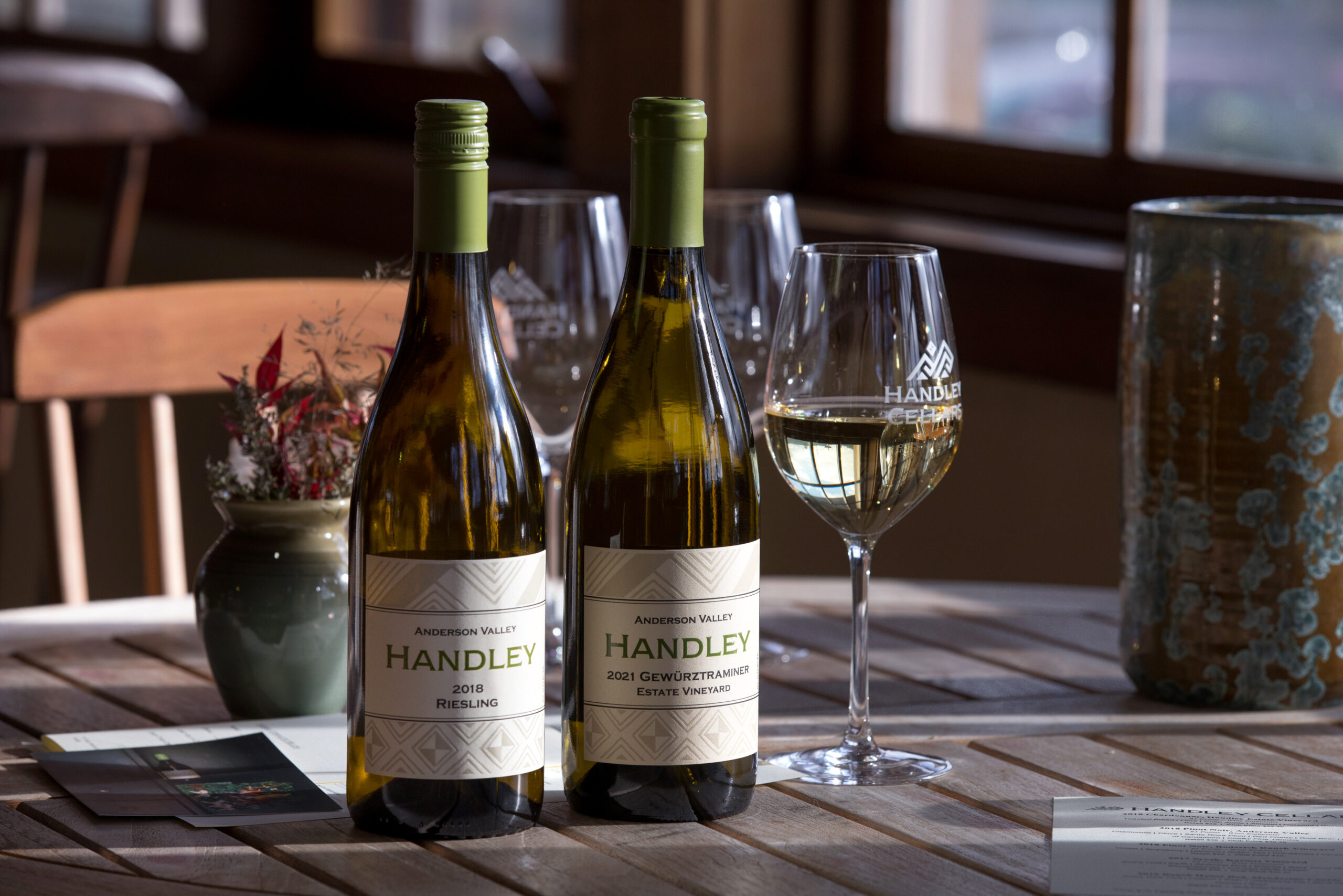 Handley's 2018 Riesling and 2021 Gewürztraminer are shown in the Handley Cellars tasting room, located in the Anderson Valley, Friday, February 10, 2023, in Philo. (Darryl Bush / For The Press Democrat)