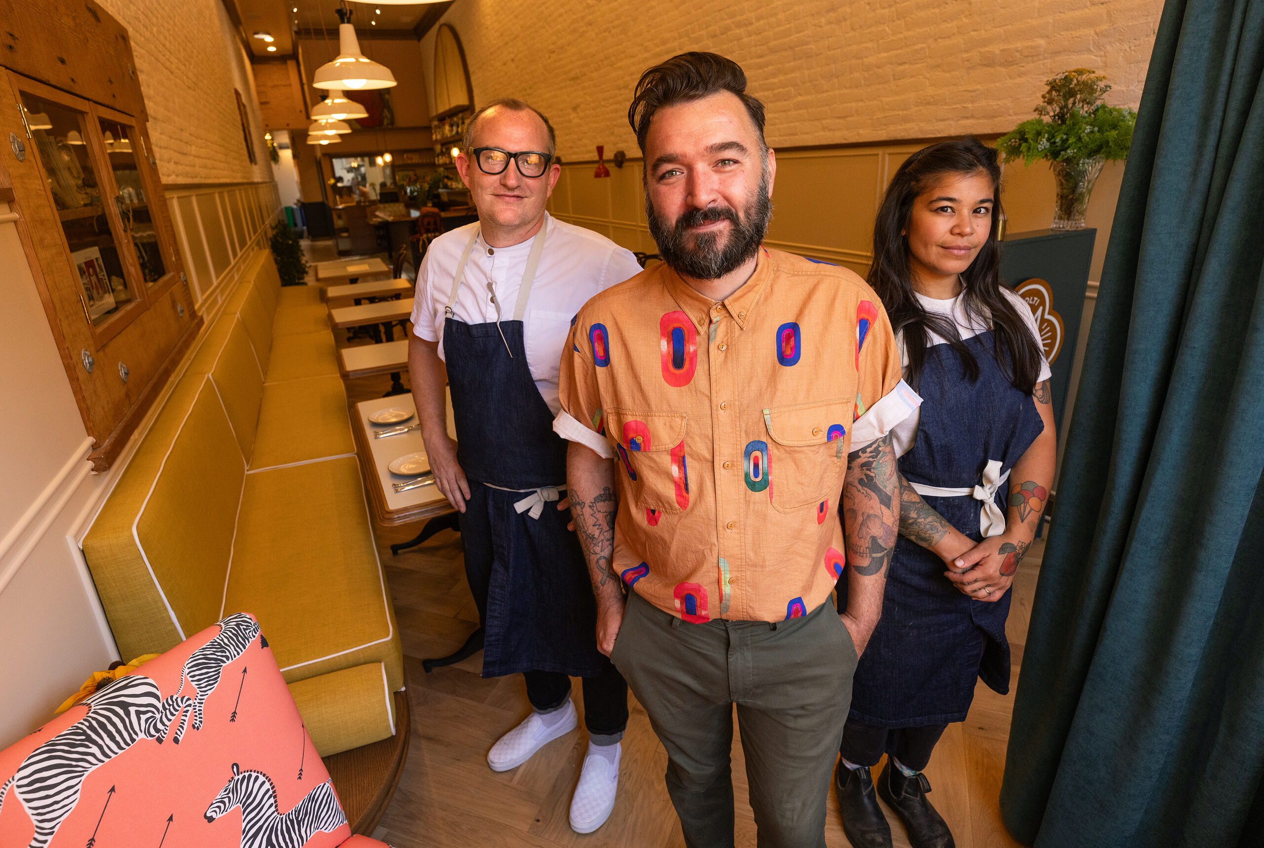 From left, chef Sean McGaughey, Jonny Barr and Melissa Yanc are the team behind Molti Amici in Healdsburg Wednesday, July 19, 2023. (John Burgess/The Press Democrat)