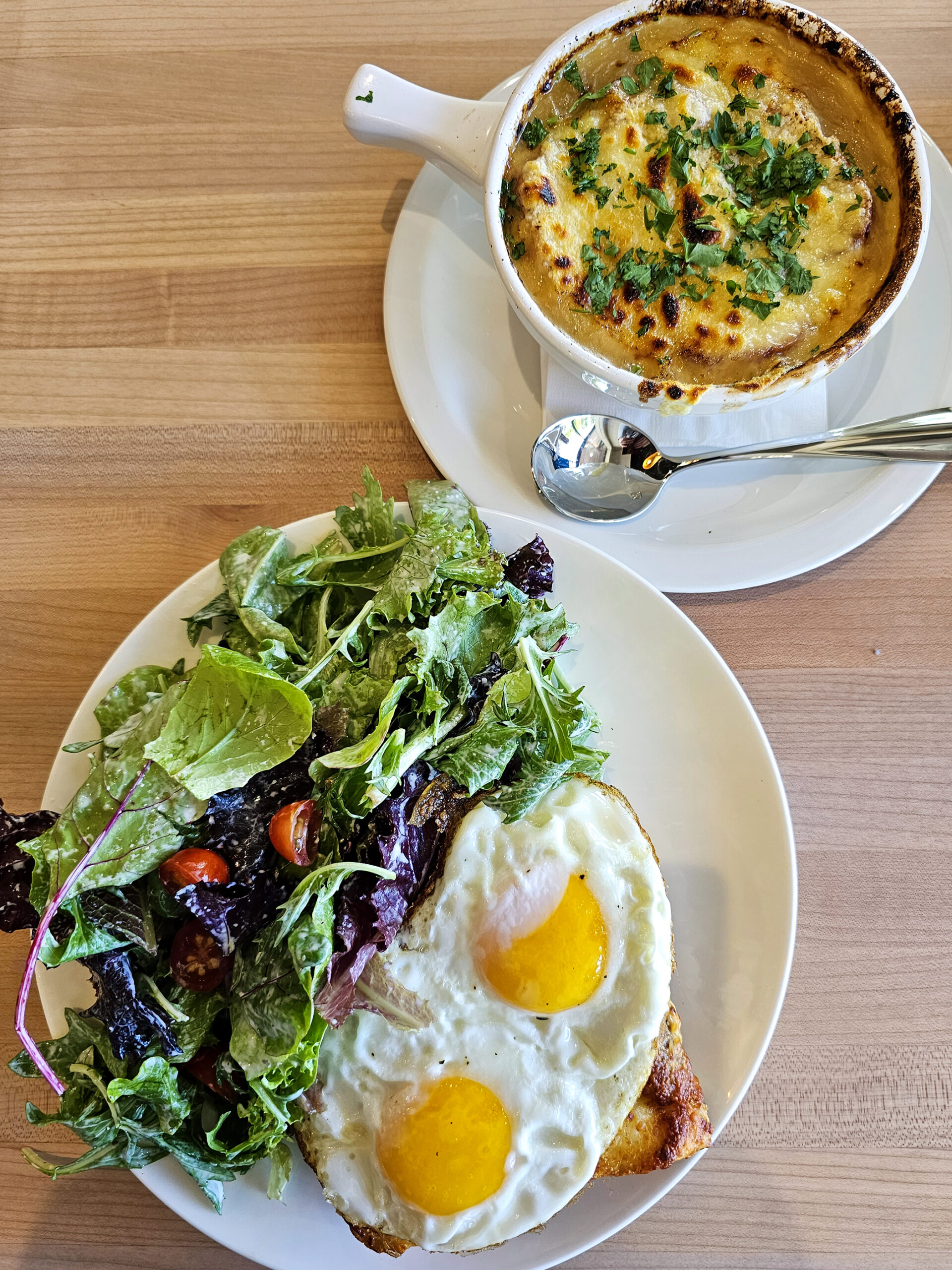 French onion soup and a croque-monsieur at Pascaline Bakery and Cafe in Santa Rosa. (Heather Irwin/The Press Democrat)