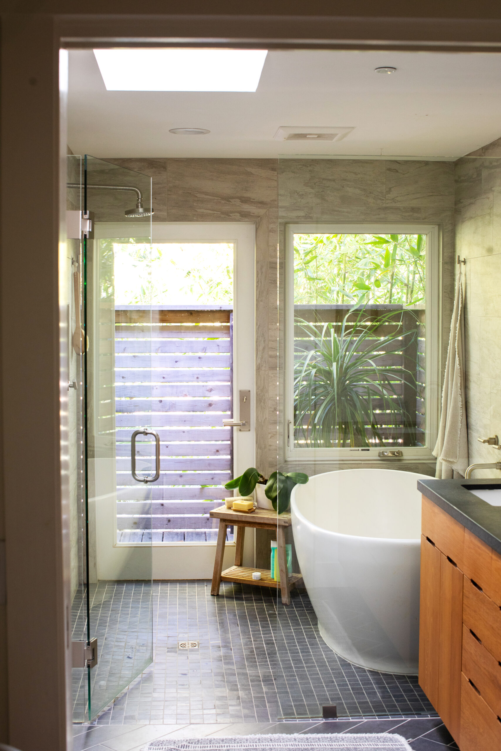 The primary bathroom, with a door that leads directly to the garden. (Eileen Roche)
