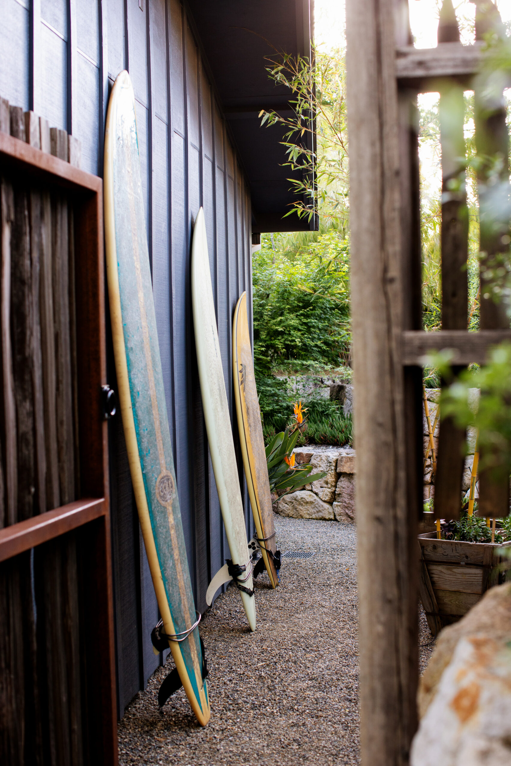 Surfboards at the ready in the garden. (Eileen Roche)