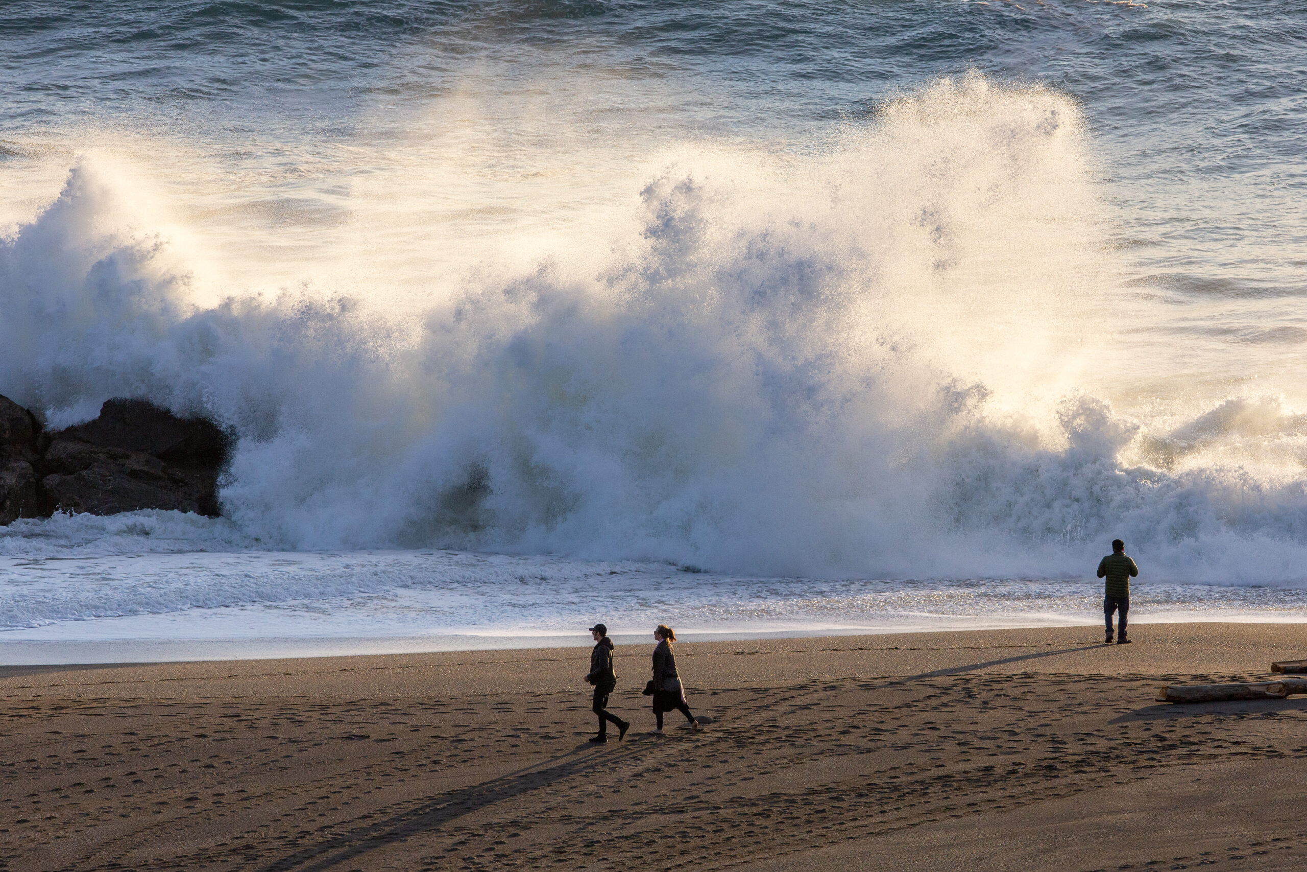 Heavy surf crashes against the rocks at Jenner Beach, near the mouth of the Russian River in Jenner. (Alvin A.H. Jornada / The Press Democrat)