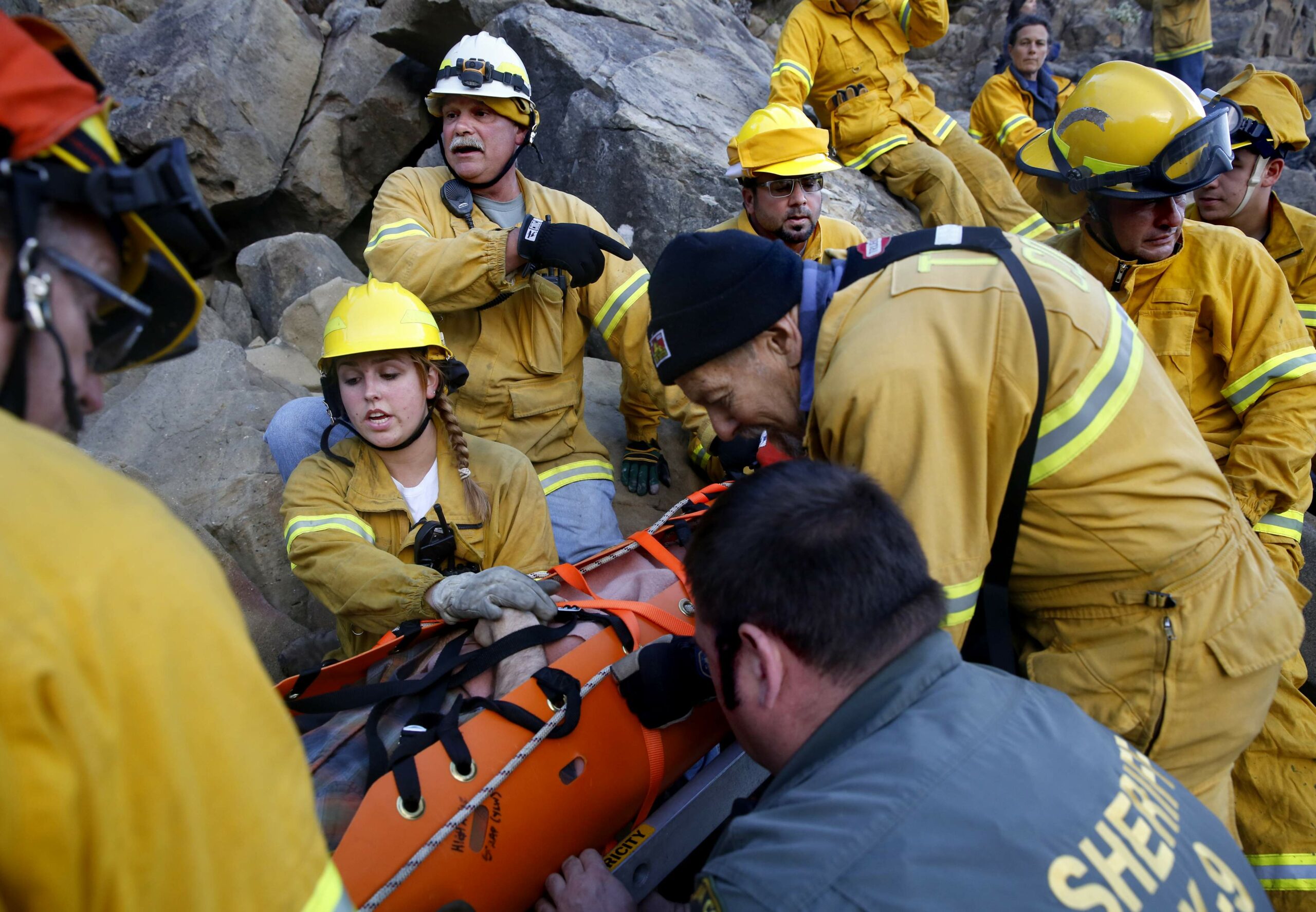 Erich Lynn, center, of the Timber Cove Fire Station leads rescue training. (Beth Schlanker / The Press Democrat)