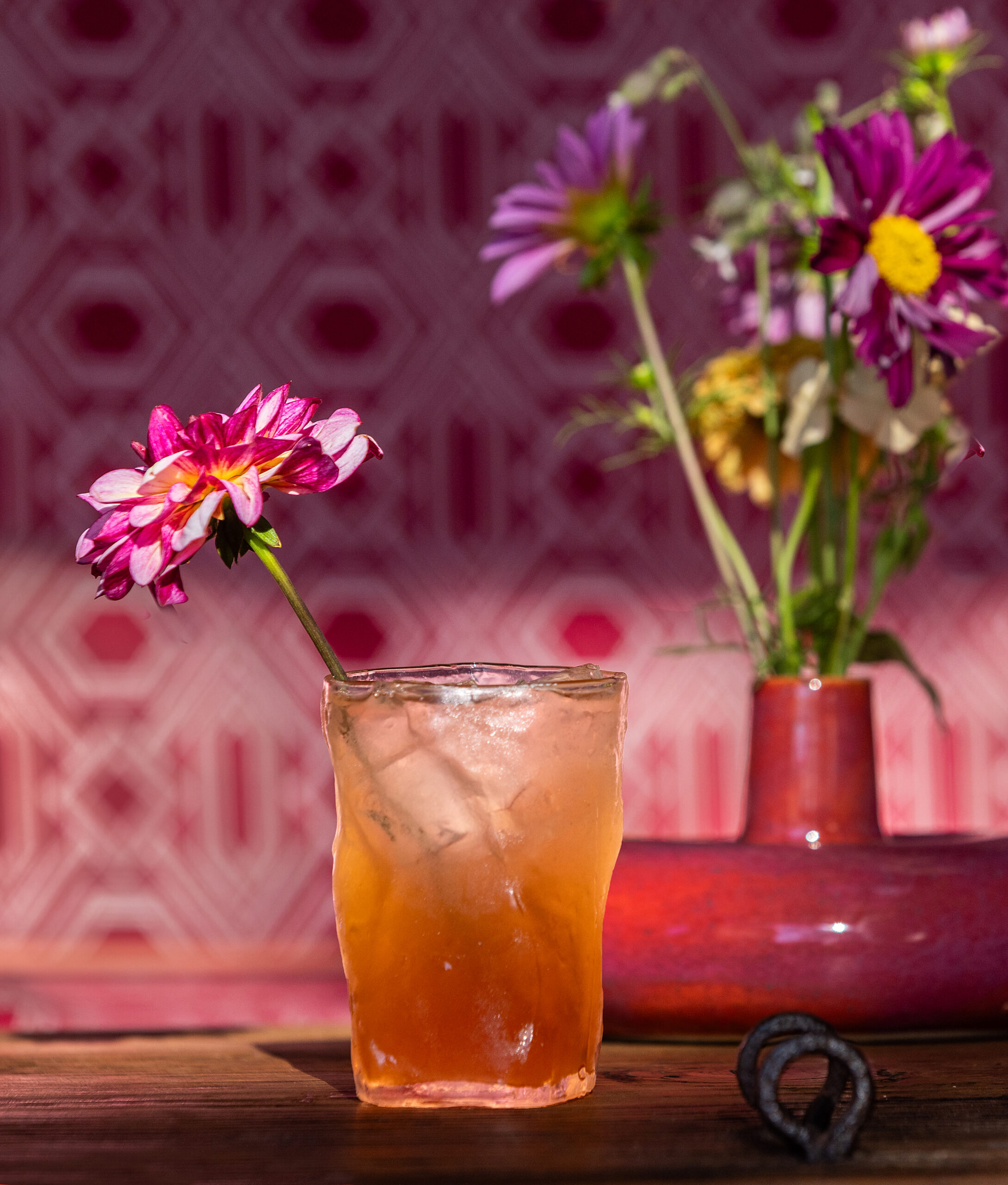 Plums N’ Roses cocktail with housemate rose liqueur, with a fermented tea of plums and pits from the bar at Second Story, the new vegan restaurant upstairs at Little Saint in Healdsburg September 8, 2023. (Photo John Burgess/The Press Democrat)