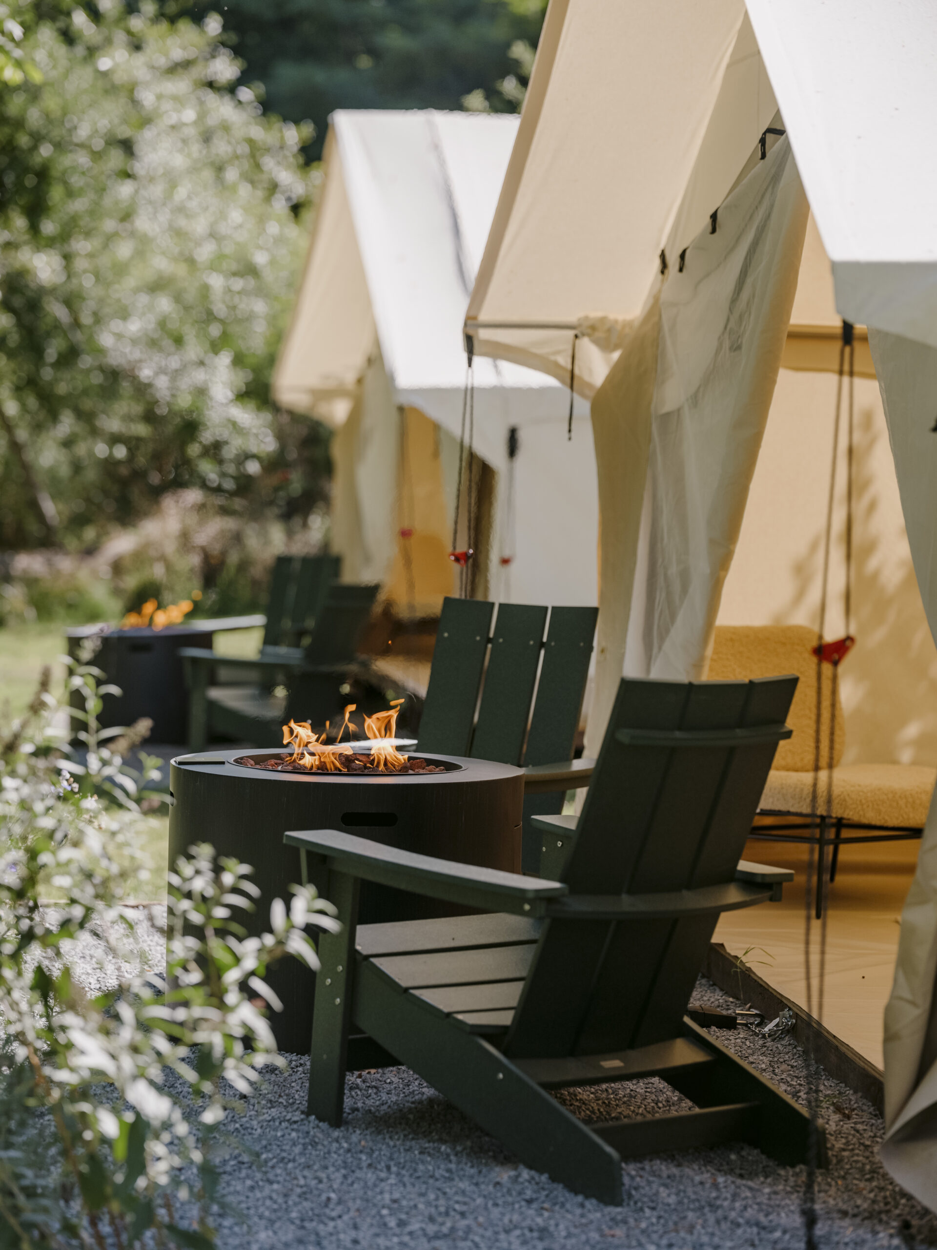 Outdoor glamping tents at Dawn Ranch