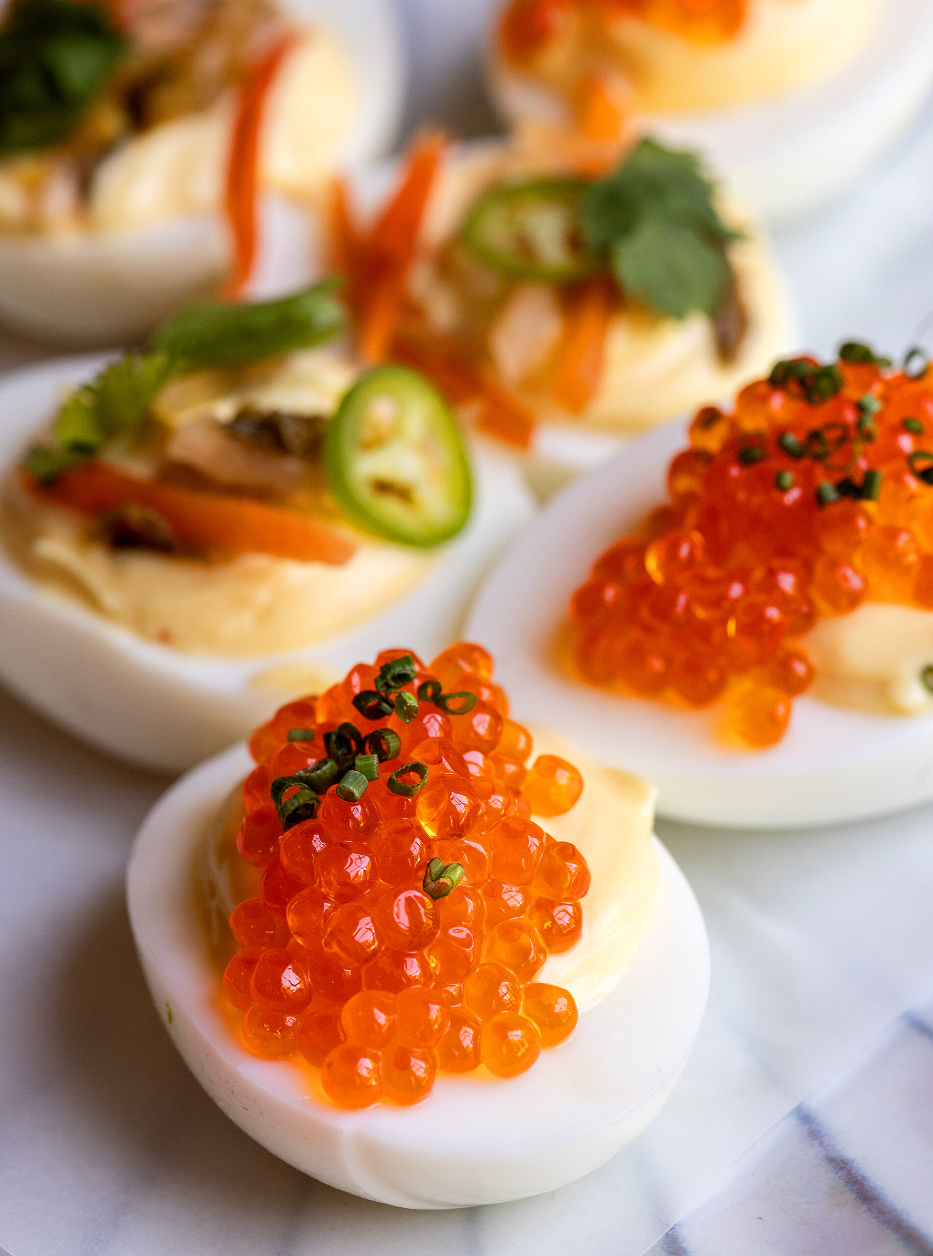 Deviled eggs with trout roe and chives from the weekend brunch menu at The Madrona in Healdsburg, Friday, July 14, 2023. (John Burgess / The Press Democrat)