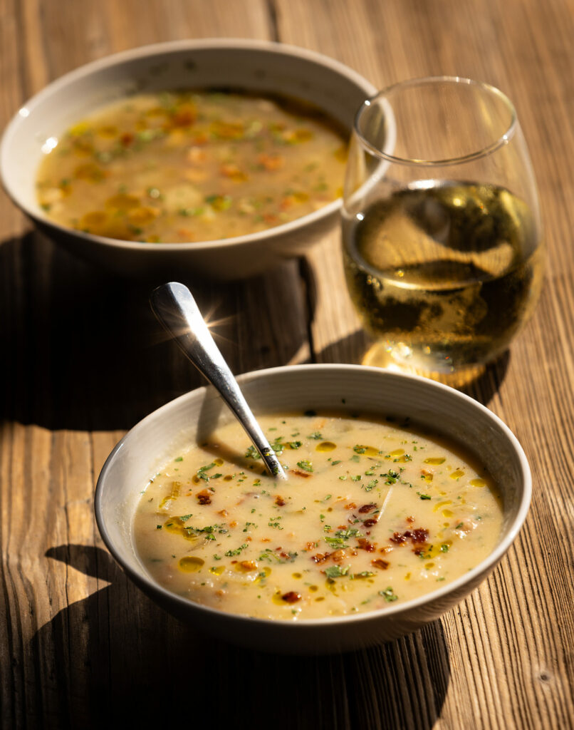 Rhode Island Clear, top, and New England Creamy Clam Chowders from Nick’s Cove Restaurant on Tomales Bay Monday, September 18, 2023. (Photo John Burgess/The Press Democrat)