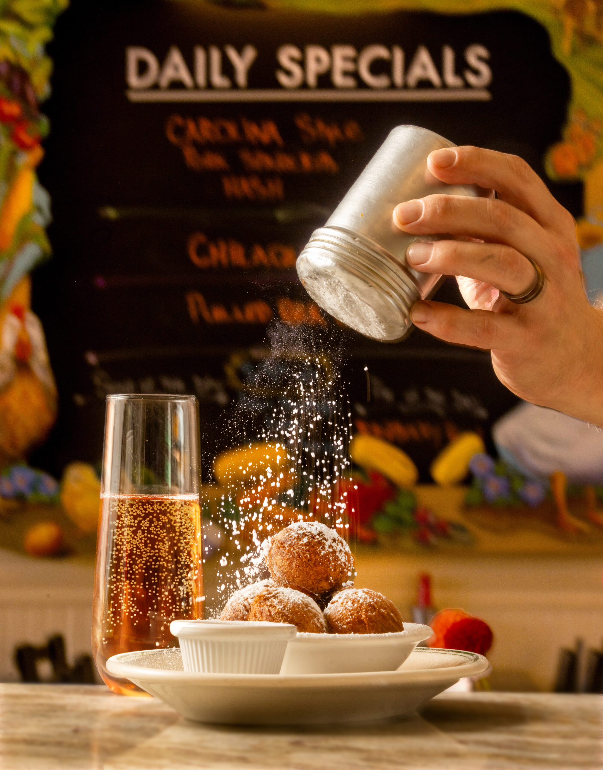 Frosted Donut Bites paired Rosé bubbles with from the new J & M’s Midtown Café October 23, 2023 in Santa Rosa. (Photo John Burgess/The Press Democrat)