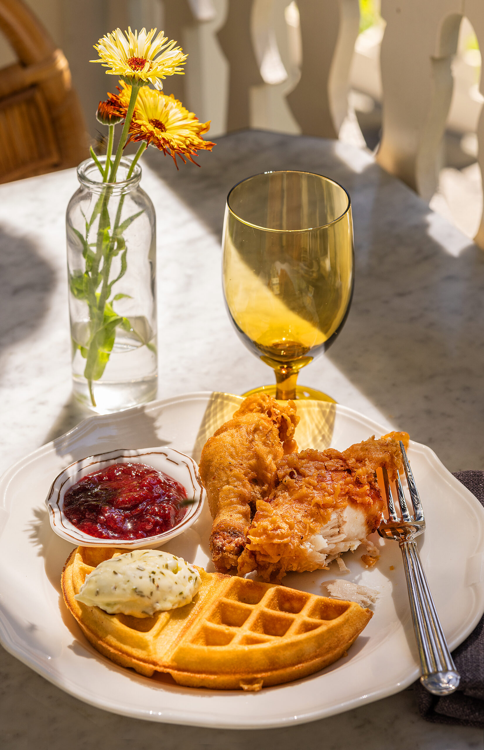 Fried chicken and waffles with strawberry jam and rosemary butter from the weekend brunch menu at The Madrona in Healdsburg, Friday, July 14, 2023.(John Burgess / The Press Democrat)