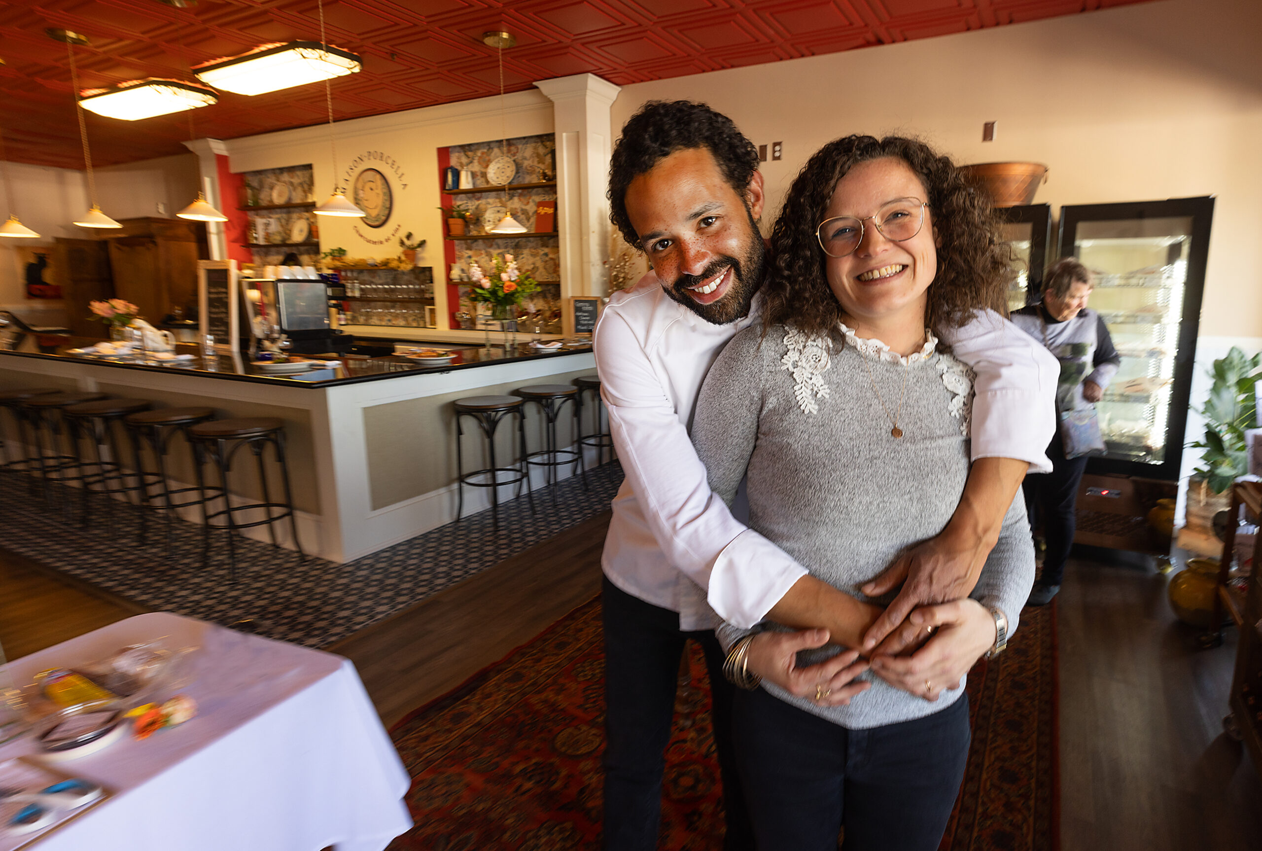 Marc-Henri and Maud Jean-Baptiste have started serving lunch along with retail sales of their house-made pates, sausages, ham, and savory pastries at Maison Porcella in Windsor April 13, 2023. (John Burgess/The Press Democrat)