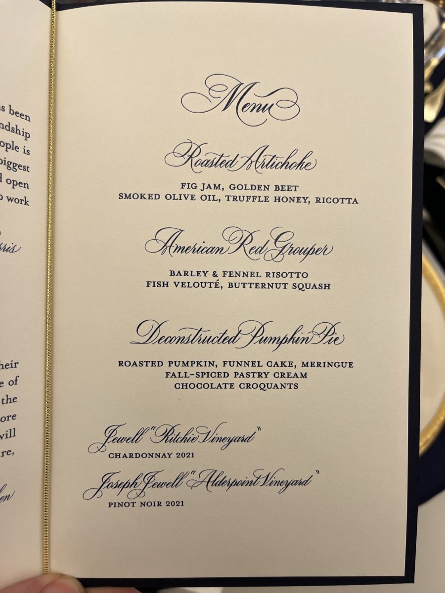 menu from US State Department lunch featuring Joseph Jewell wine