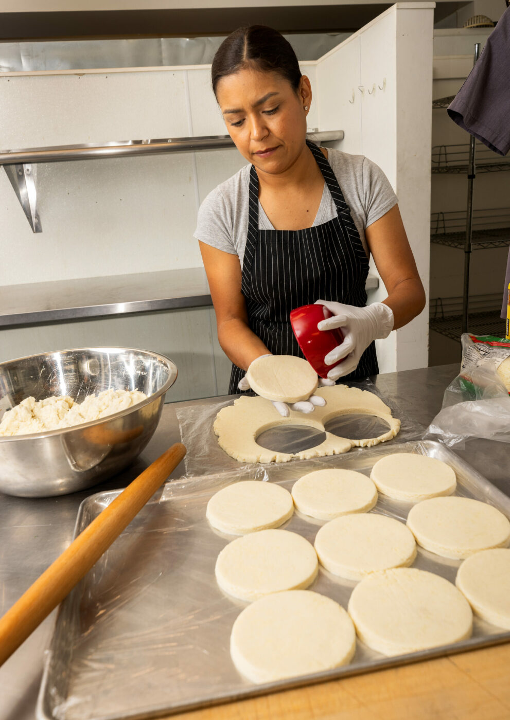 Chef Cita Vivas found the perfect size bowl to shape her cornmeal and mozzarella cheese arepas, a traditional Colombian breakfast from her childhood. Vivas, a former salad and pastry chef for Stark’s Restaurant Group, sells her food at pop-ups around Sonoma County. (John Burgess / The Press Democrat)