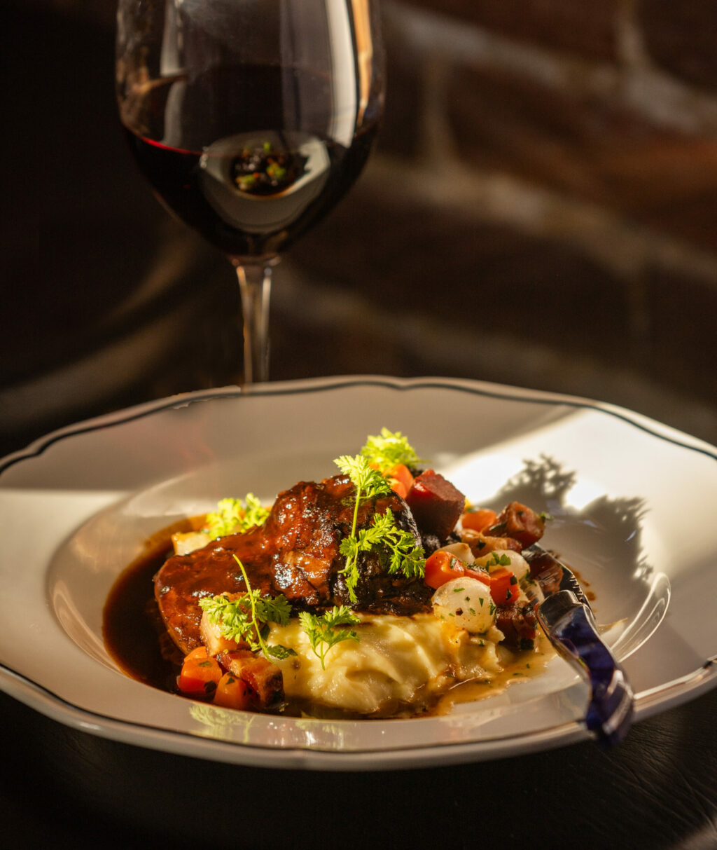 Beef Cheek Bourguignon with classic garni and pommes purée from Augie’s French Tuesday, November 28, 2023 on Courthouse Square in Santa Rosa. (Photo John Burgess/The Press Democrat)