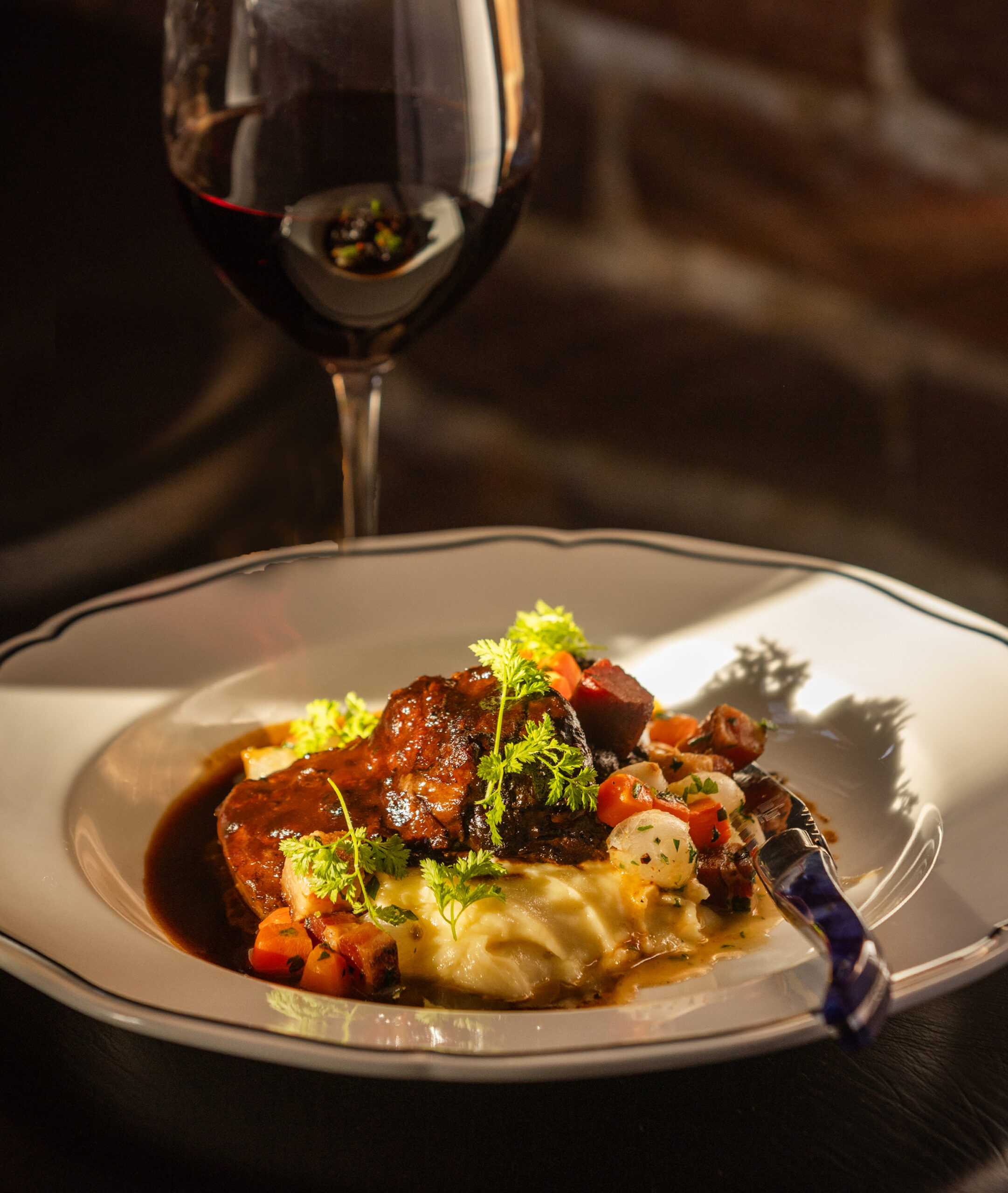 Beef Cheek Bourguignon with classic garni and pommes purée from Augie’s French Tuesday, November 28, 2023, on Courthouse Square in Santa Rosa. (John Burgess/The Press Democrat)