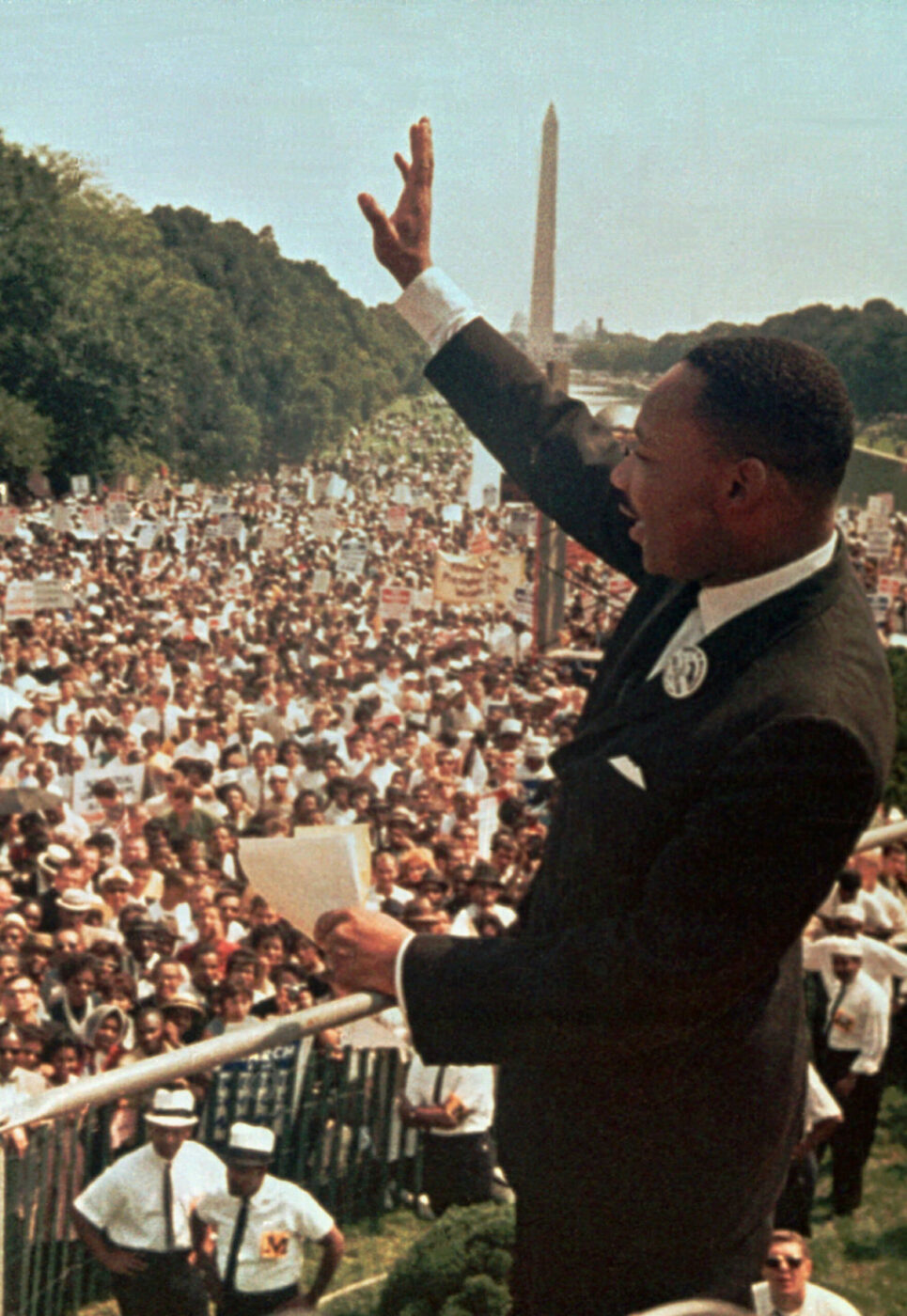 FOR USE ANYTIME - Dr. Martin Luther King Jr. acknowledges the crowd at the Lincoln Memorial for his "I Have a Dream" speech during the March on Washington, D.C. Aug. 28, 1963. Thursday April 4, 1996 will mark the 28th anniversary of his assassination in Memphis, Tenn. The Washington Monument is in background. (AP Photo/File)